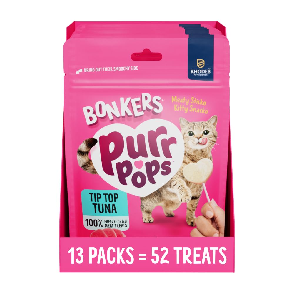 BONKERS Purrpops, Freeze Dried Tuna Flavor Lollipop Cat Treats, Healthy Real Meat Treats, Training Treats or Food Topper, for All Breeds and Ages, Value Pack (13 Pack, 52 Pieces)
