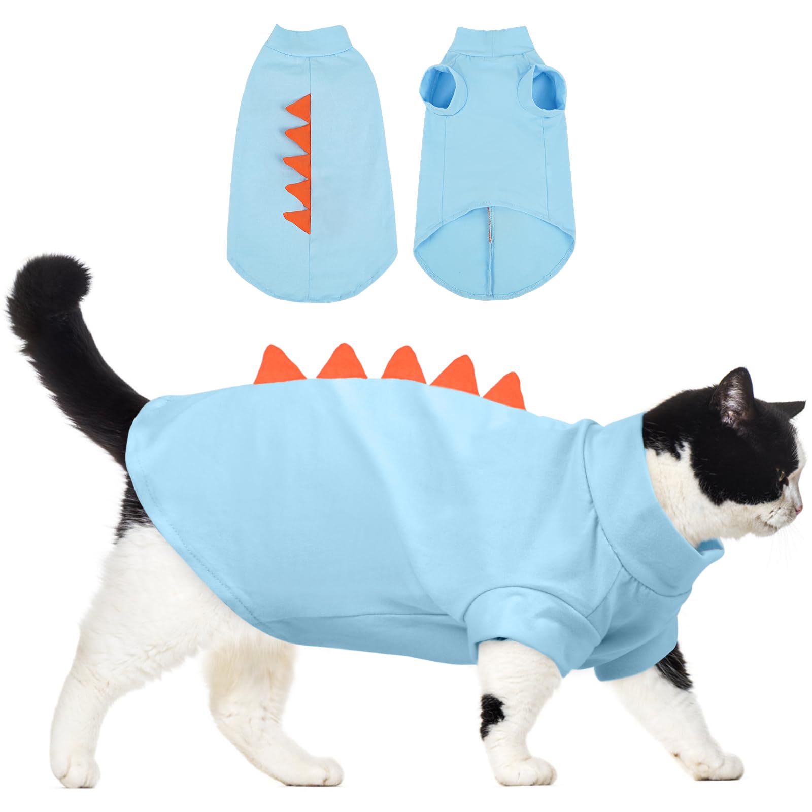 DENTRUN Sphynx Cat Clothes, Cute Dinosaur Design Hairless Cat Costume, Breathable Cotton Shirts Cat Clothes for Cats Only, Round Collar Kitten Daily T-Shirts with Sleeves, Cats Funny Cosplay Apparel