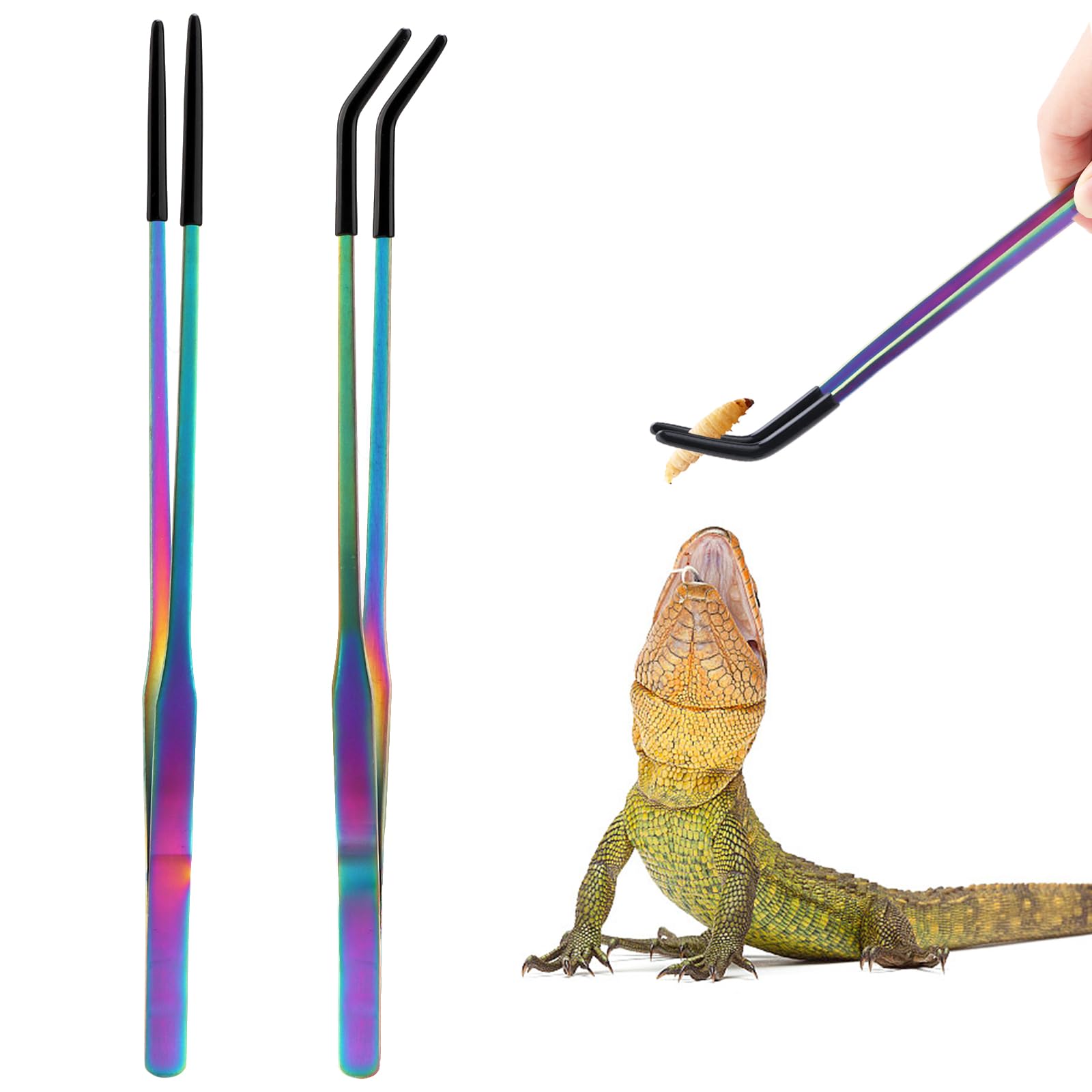 OLIISS Stainless Steel Reptile Feeding Tongs with Rubber Tip - 10.6" Straight & Curved Tweezers for Aquariums & Crafts - Feeder Tools for Bearded Dragons & Lizards - Terrarium Tank Supplies - 2 Pack