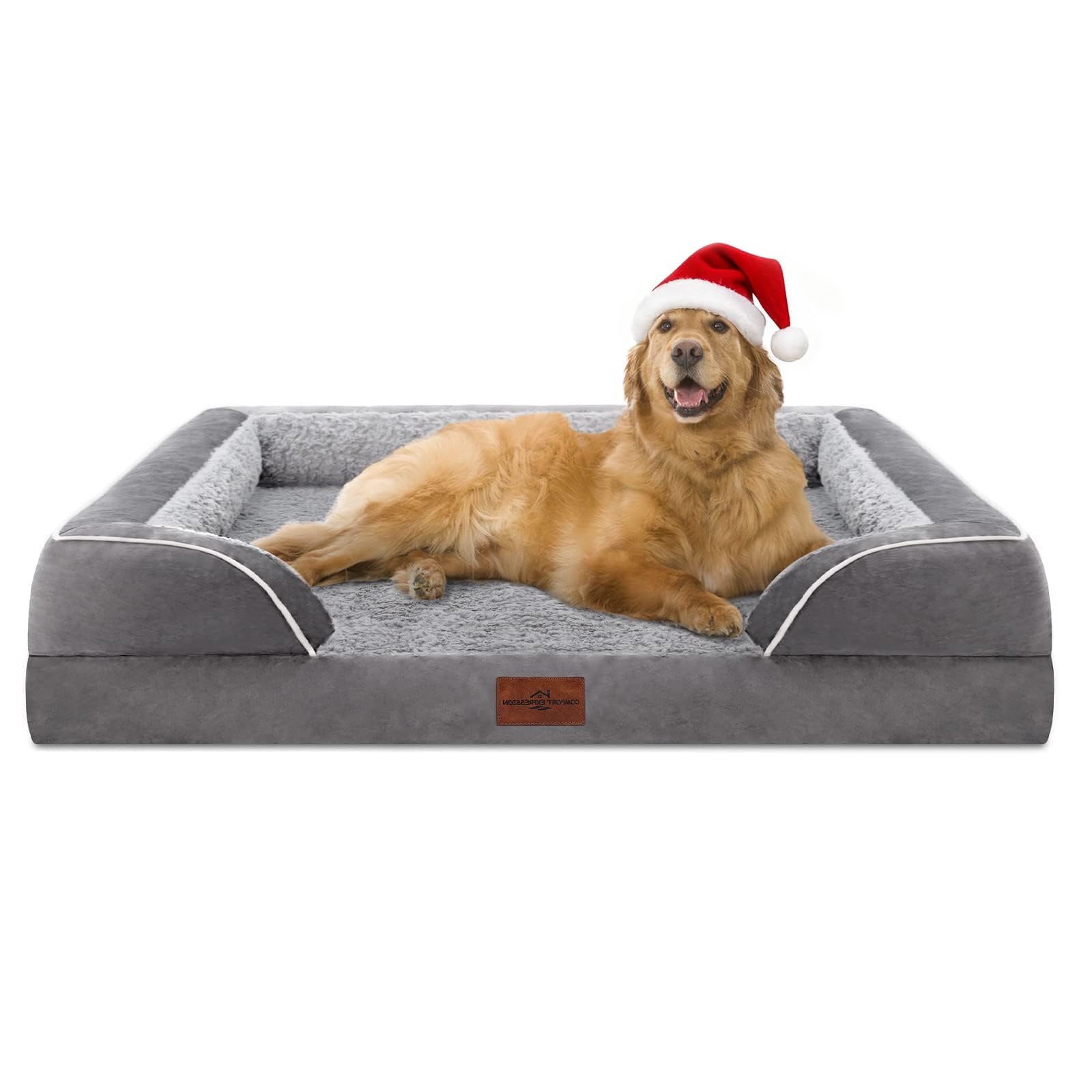 61nJocjdWKL Comfort Expression Orthopedic Dog Bed for Extra Large Dogs 42x30 Inch, Waterproof Egg Crate Foam XL Pet Bed with Removable Bolsters, Dog Couch with Washable Cover & Non-Slip Bottom, Grey - Image 1