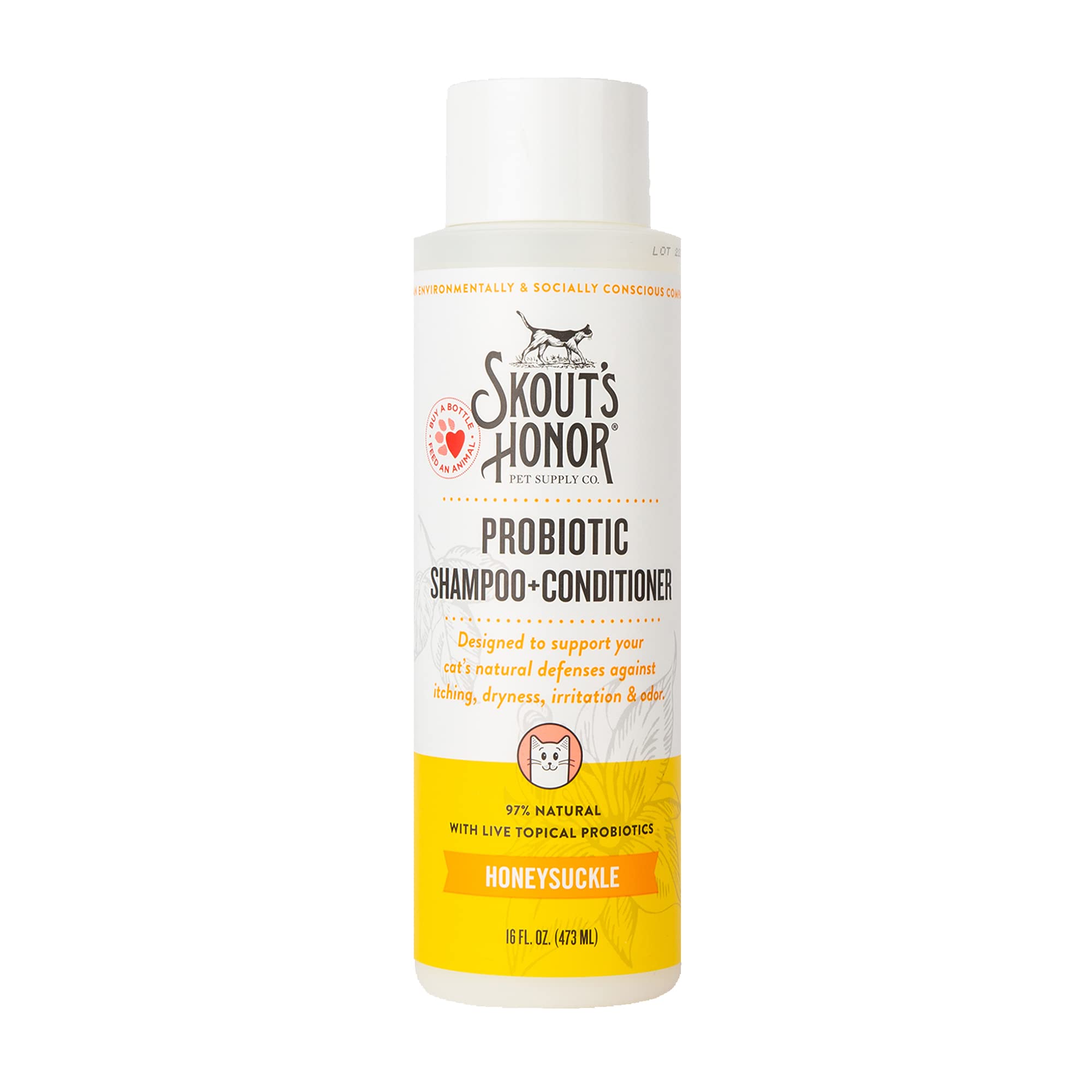 Skout's Honor Probiotic Cat Shampoo & Conditioner with Avocado Oil & Omega-3s, 97% Natural, Paraben & Sulfate-Free, Cruelty-Free, Defend Against Itch, Dryness, Irritation. 16oz, Honeysuckle