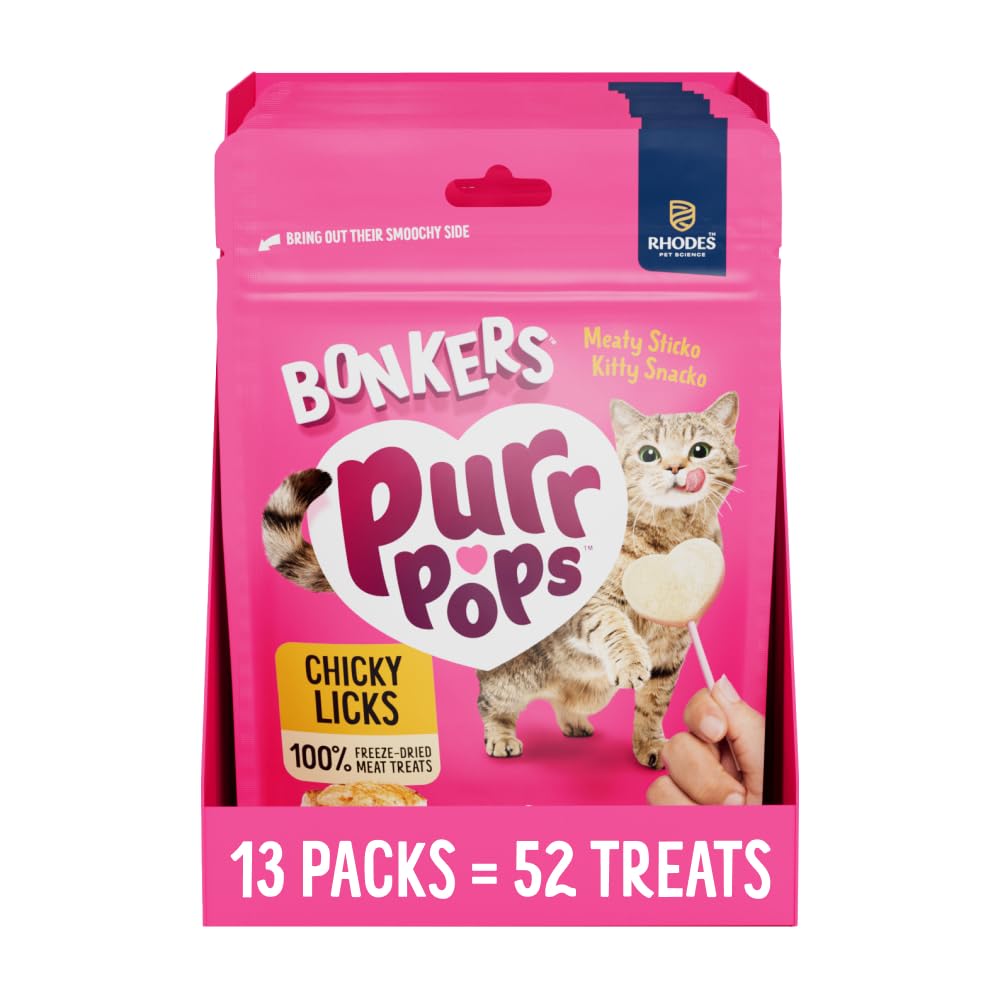 Bonkers Purrpops, Freeze Dried Chicken Flavor Lollipop Cat Treats, Healthy Single Ingredient Treats, Training Treats or Food Topper, for All Breeds and Ages, Value Pack (13 Pack, 52 Pieces)