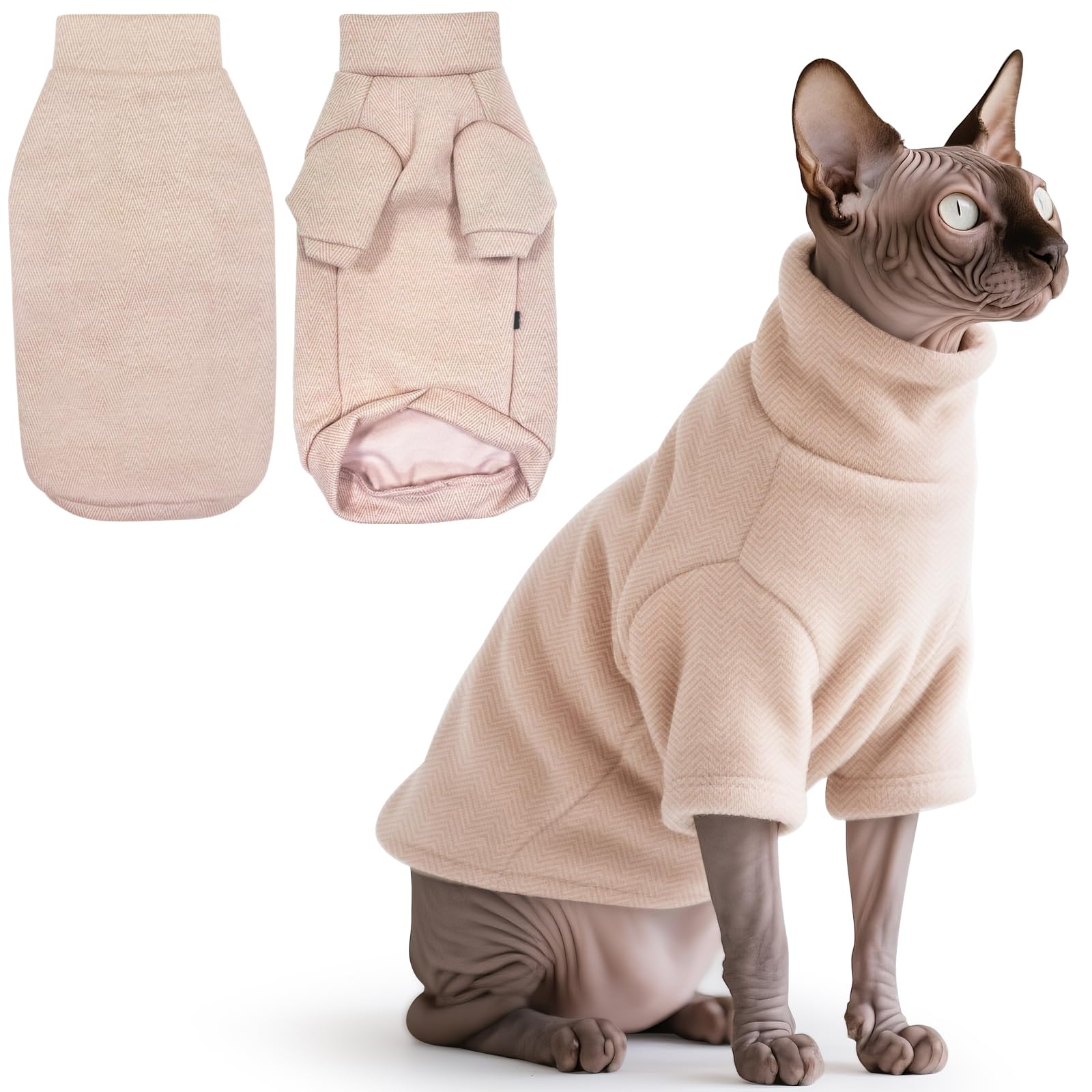 Idepet Sphynx Cat Warm Turtleneck Sweater Hairless Cats Shirt Pullover Kitten T-Shirts Thick Soft Fleece Clothes Cute Outfit Coat Pajamas for Cats and Puppy (Pink, Medium)