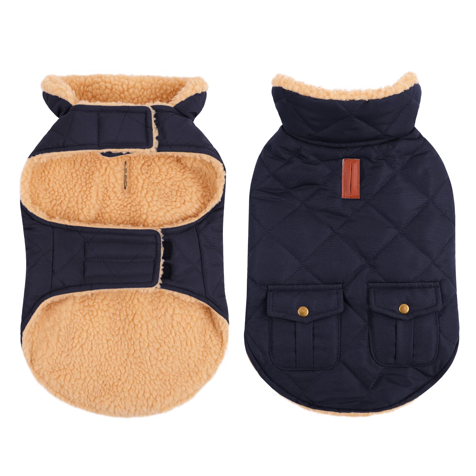 Queenmore Warm Puffer Dog Jacket, Quilting Winter Coat Ultra Thick Plush Lining with Storage Pockets (Dark Navy, X-Small)