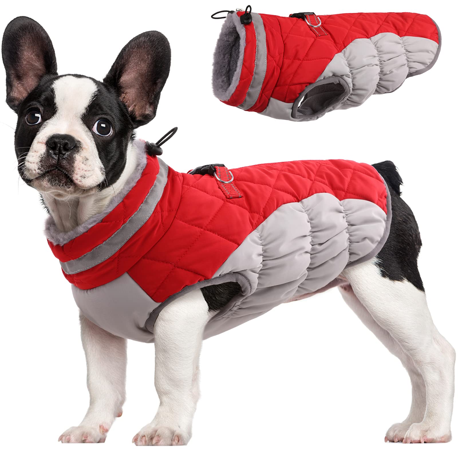FUAMEY Dog Coat for Small Dogs,Waterproof Dog Winter Jacket with Harness Built in Puppy Cold Weather Coats Reflective Pet Vest with Zipper Warm Fleece Dogs Snowsuit Windproof Red S