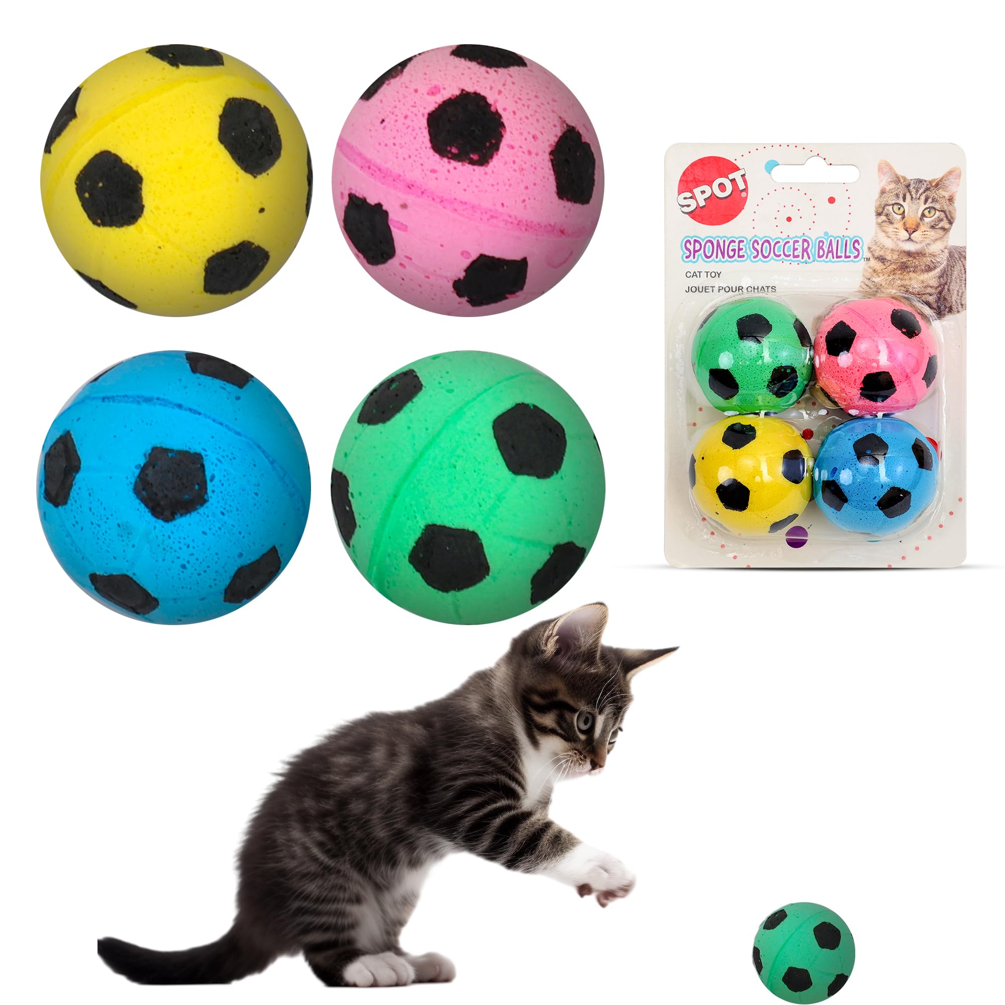 71Br+-U2WrL SPOT Sponge Soccer Ball Cat Toys - Interactive and Colorful Plush Toy, Fun for Cats and Kittens to Bat and Chase, Keep Cats Entertained - 1.5" Assorted 4- Pack - Image 1