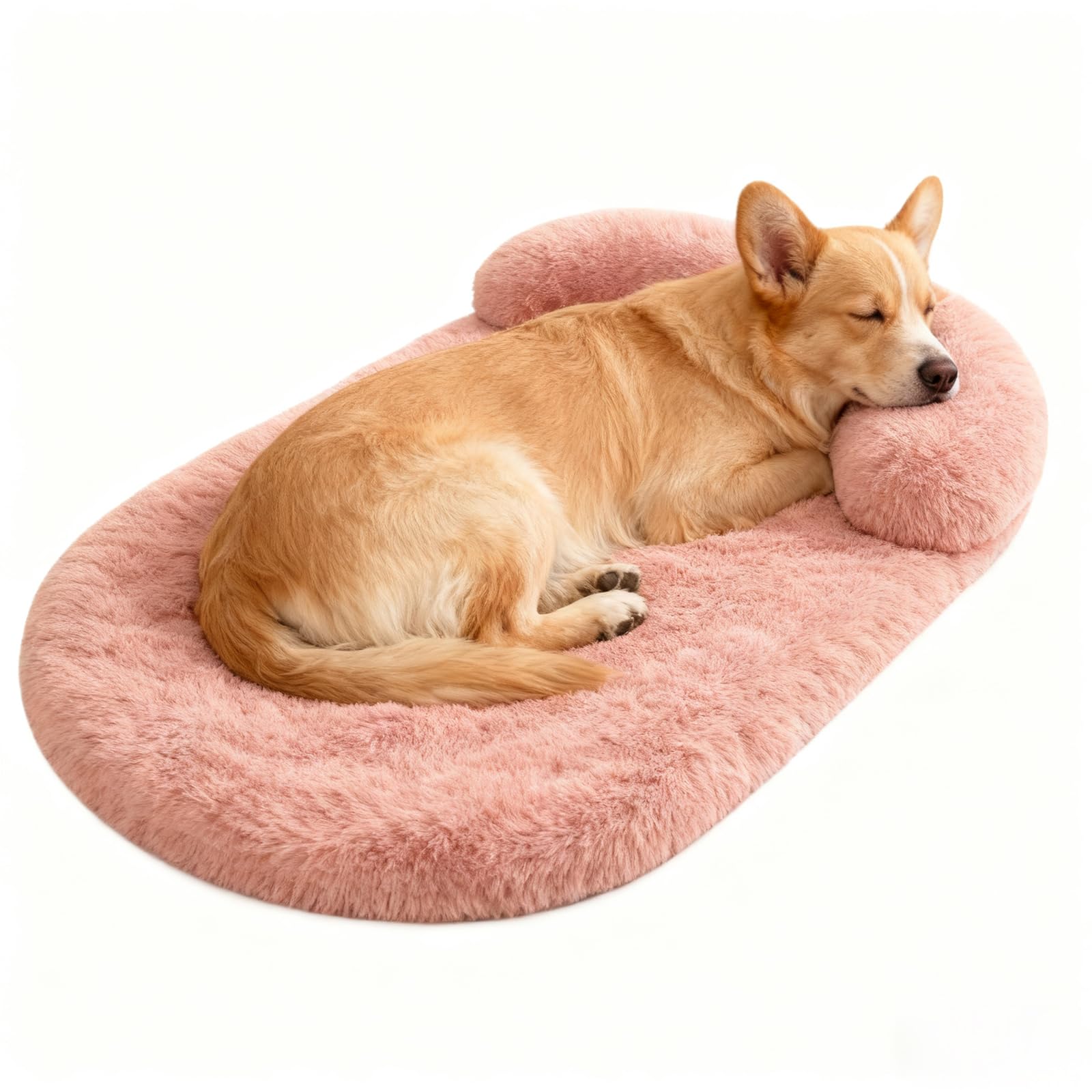 Doimier Calming Dog Beds for Medium Large Dogs, Orthopedic Cushion Plush Dogs Lounge Couch Sofa with Washable Removable Cover, Anti-Anxiety Soft Faux Fur Fits up to 40 lbs Pets (Oval, Blush 32"x24")