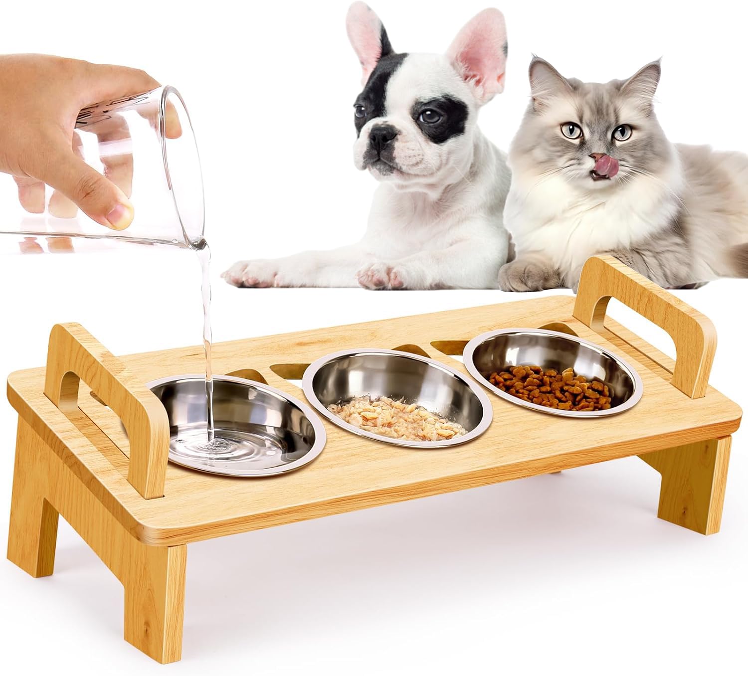 Elevated Cat Food Bowl, 3 Stainless Steel Raised Cat Bowls with Stand, 15°Tilted Cats Bowl for Small Dog, Cats Food and Water Bowl Set, Anti Vomitting, Whisker Fatigue and Dishwasher Safe (Natural)