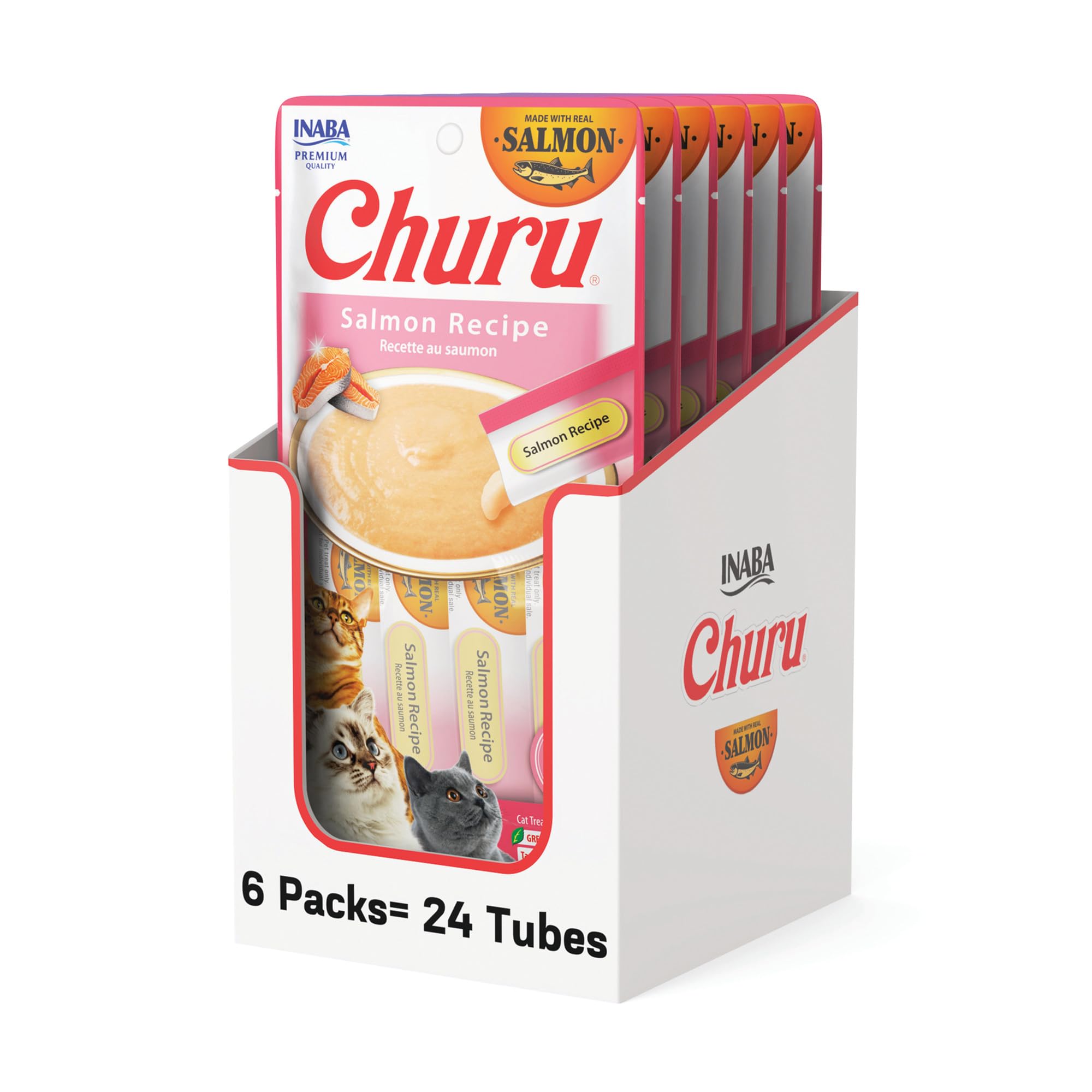 INABA Salmon Churu Cat Treats, Lickable, Squeezable Creamy Purée Cat Treat with Green Tea Extract & Taurine, 0.5 Ounces Each Tube, 24 Tubes (4 per Pack), Salmon Recipe