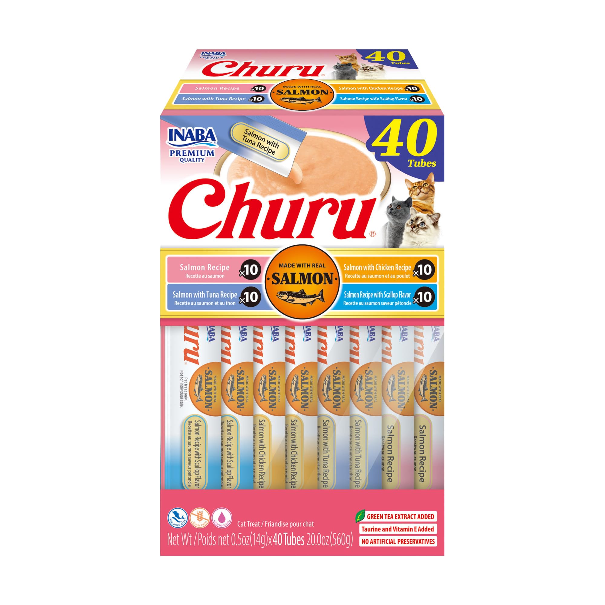 71HaIR9ggfL INABA Salmon Churu Cat Treats, Lickable, Squeezable Creamy Purée Cat Treat with Green Tea Extract & Taurine, 0.5 Ounces Each Tube, 40 Tubes, Salmon Variety Box - Image 1