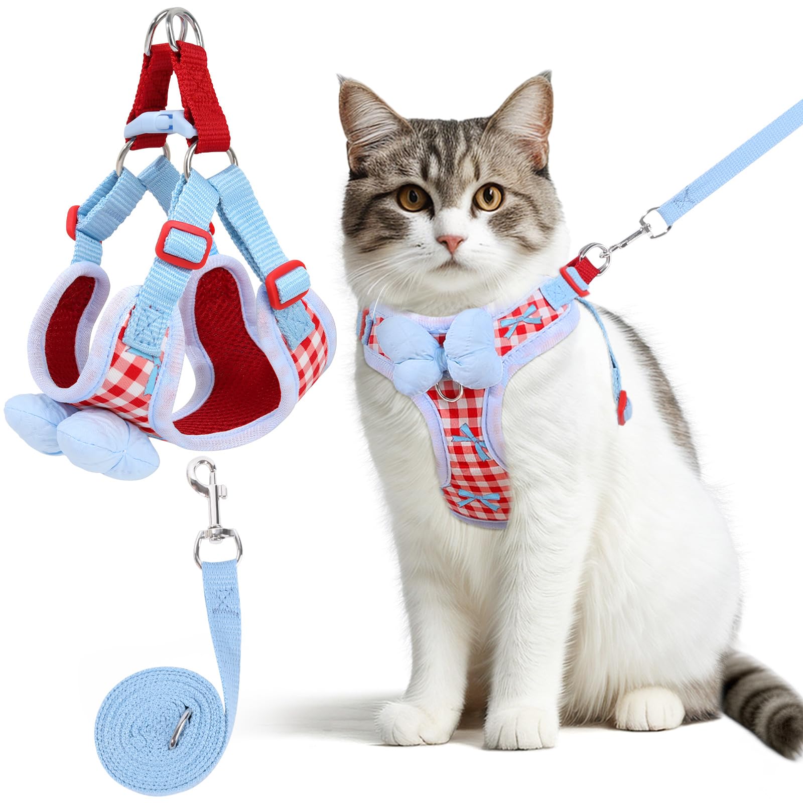 NCMAMA Cat Vest Harness and Leash Set for Walking Escape Proof, Adjustable Kitten Harness and Leash Set Breathable Mesh with Bow Harness for Kitty Puppy Bunny(Red Medium)