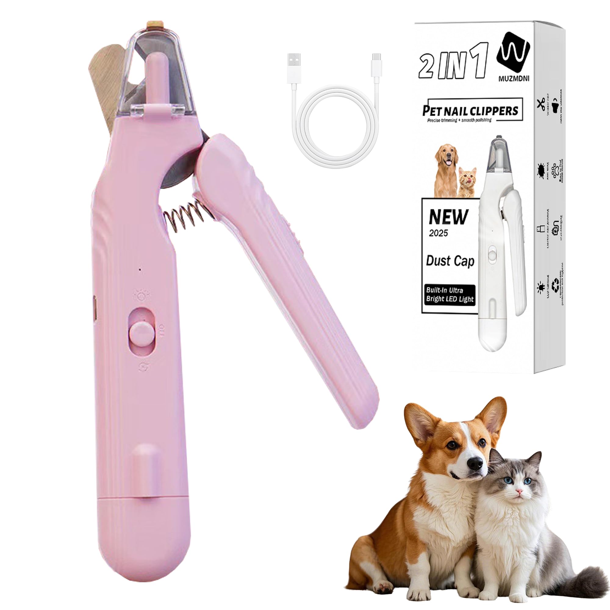 MUZMDNI 2-in-1 Dog Nail Grinder & Dog Nail Clippers Trimmers for Large Medium Small Dogs Cats Pets Claw Trimmer with LED Lights (Pink)