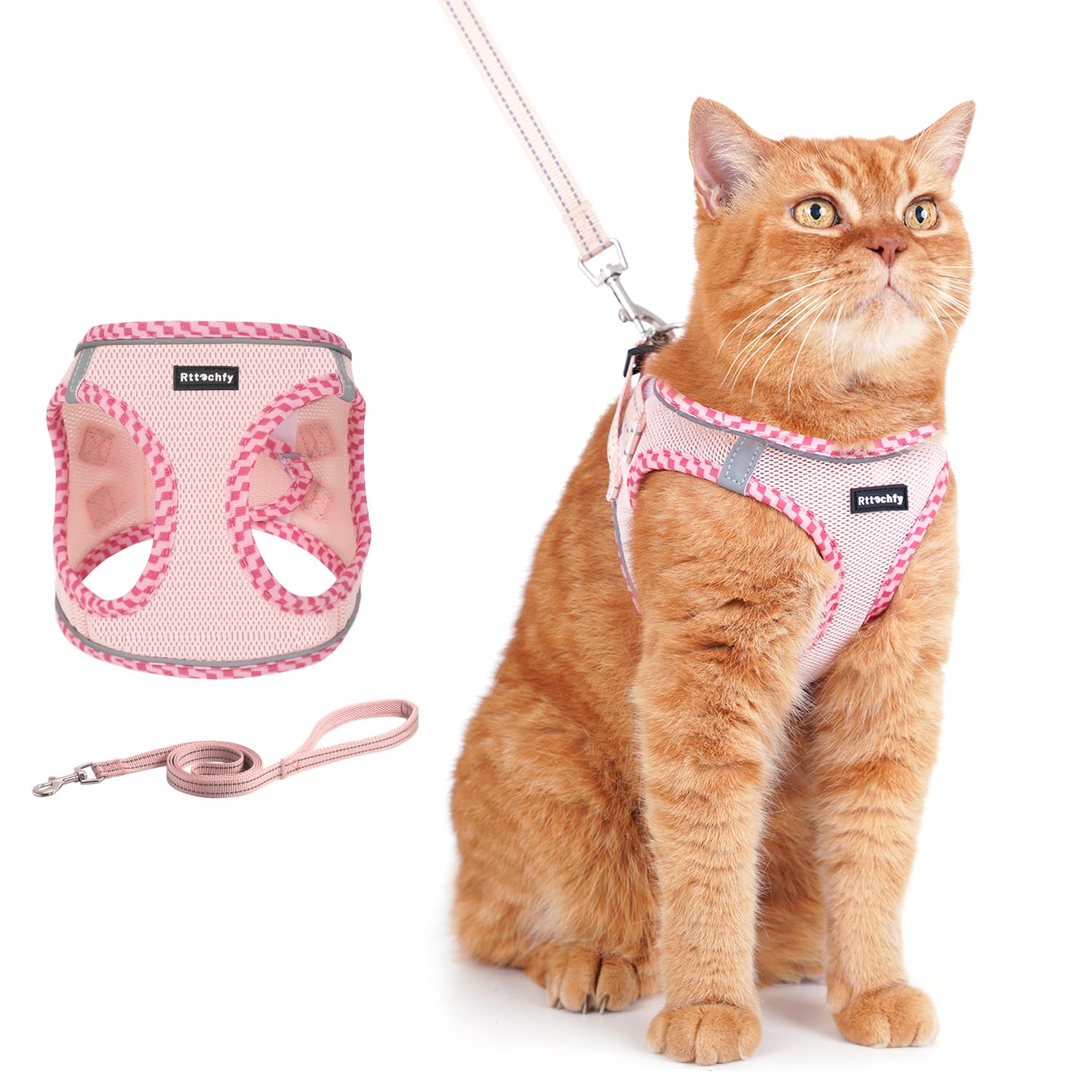 Rttochfy Cat Harness and Leash Set, Escape Proof Kitten Harness, Soft and Breathable Vest with Reflective Strip, Easy to Wear for Cats Walking and Traveling (Pink, S)