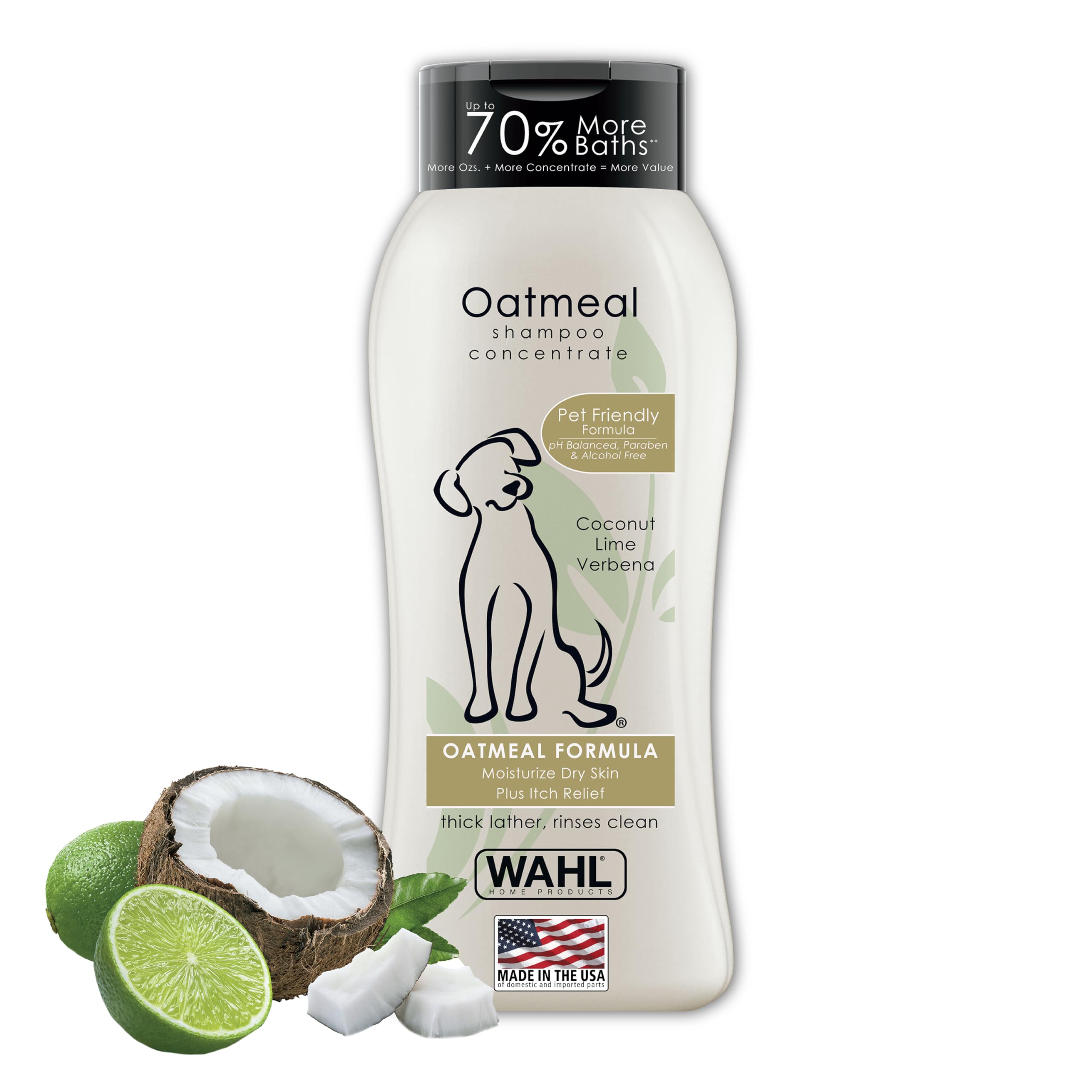 71Npnm2RvjL Wahl USA Dry Skin & Itch Relief Pet Shampoo for Dogs – Oatmeal Formula with Coconut Lime Verbena Scent & Pet Friendly Formula, 24 Oz - Model 820004A - Image 1