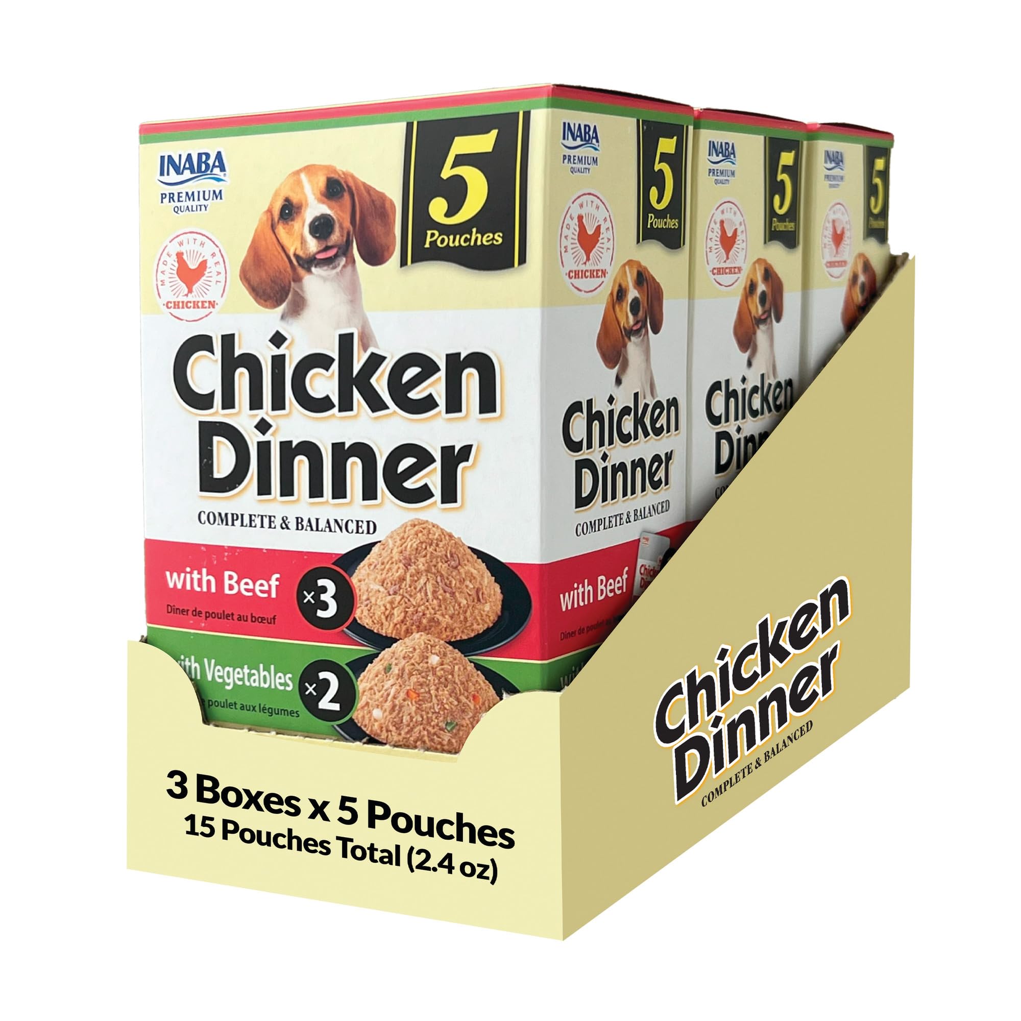 INABA Chicken Dinner for Dogs, Soft Pate Wet Dog Food, Complete & Balanced, 2.4 oz. Pouch, 15 Pouches, Beef & Vegetables Variety