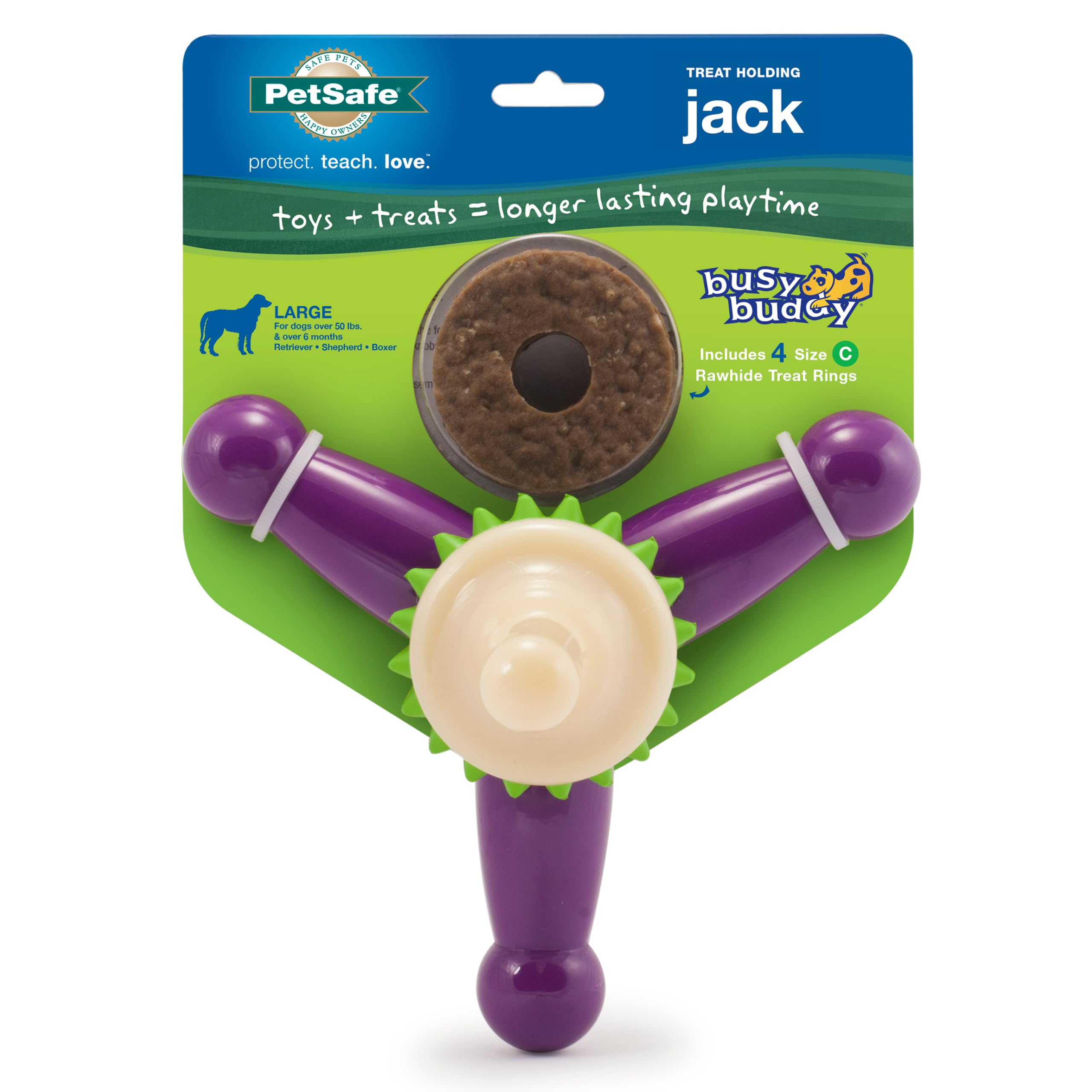 PetSafe Busy Buddy Jack - Keeps Dog Busy - Includes Treats Refill - Treat Holding Dog Toy - Helps Clean Teeth - Durable Rubber - Strong Chewers - Dishwasher Safe - Large - Purple