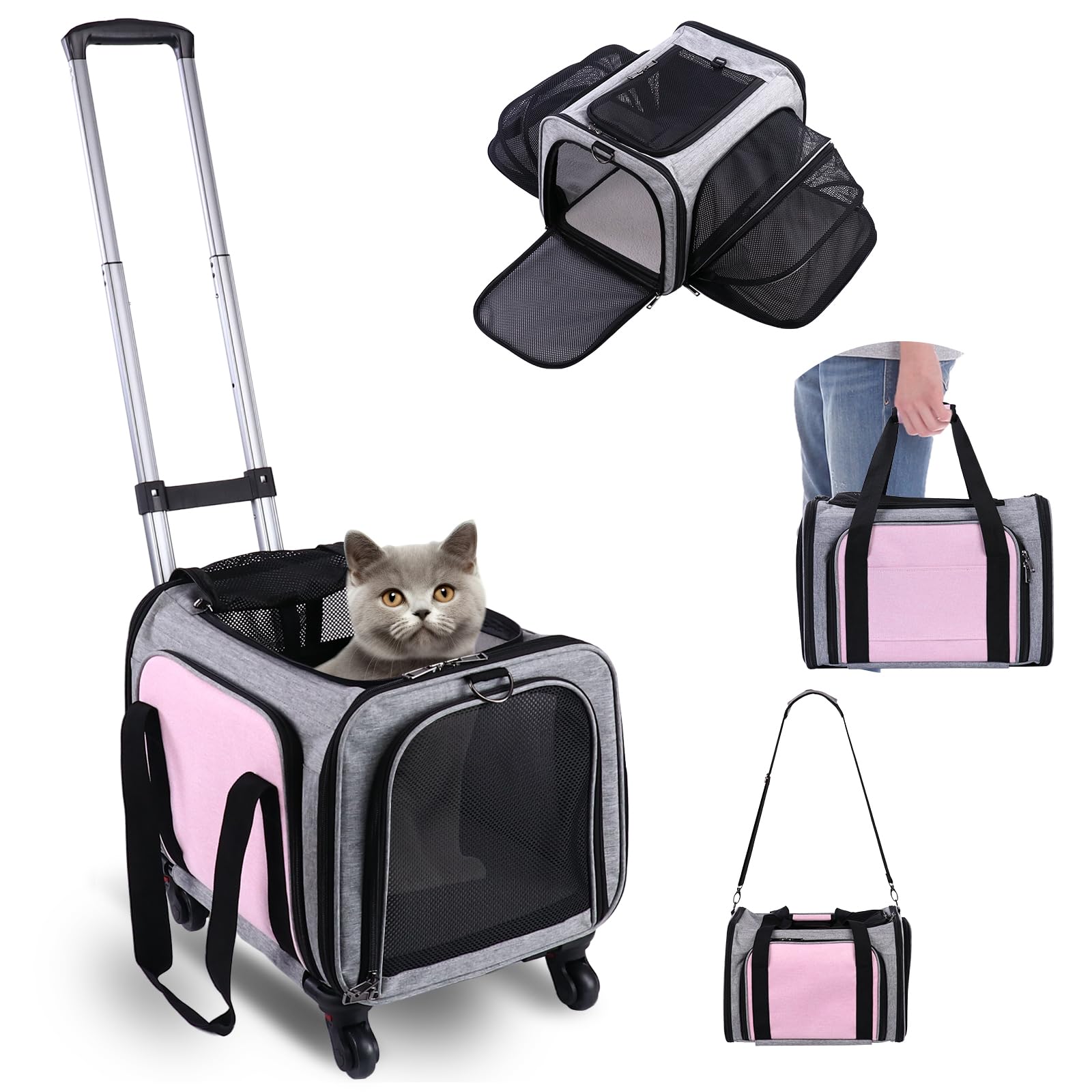 71UDsXSoVjL Pet Carrier Airline Approved on Wheels - Two Sided Expandable Cat Soft Carrier for Puppy and Cats Under 26lbs, Rolling Cat Carrier for Airplane, Camping, Outdoor - Image 1
