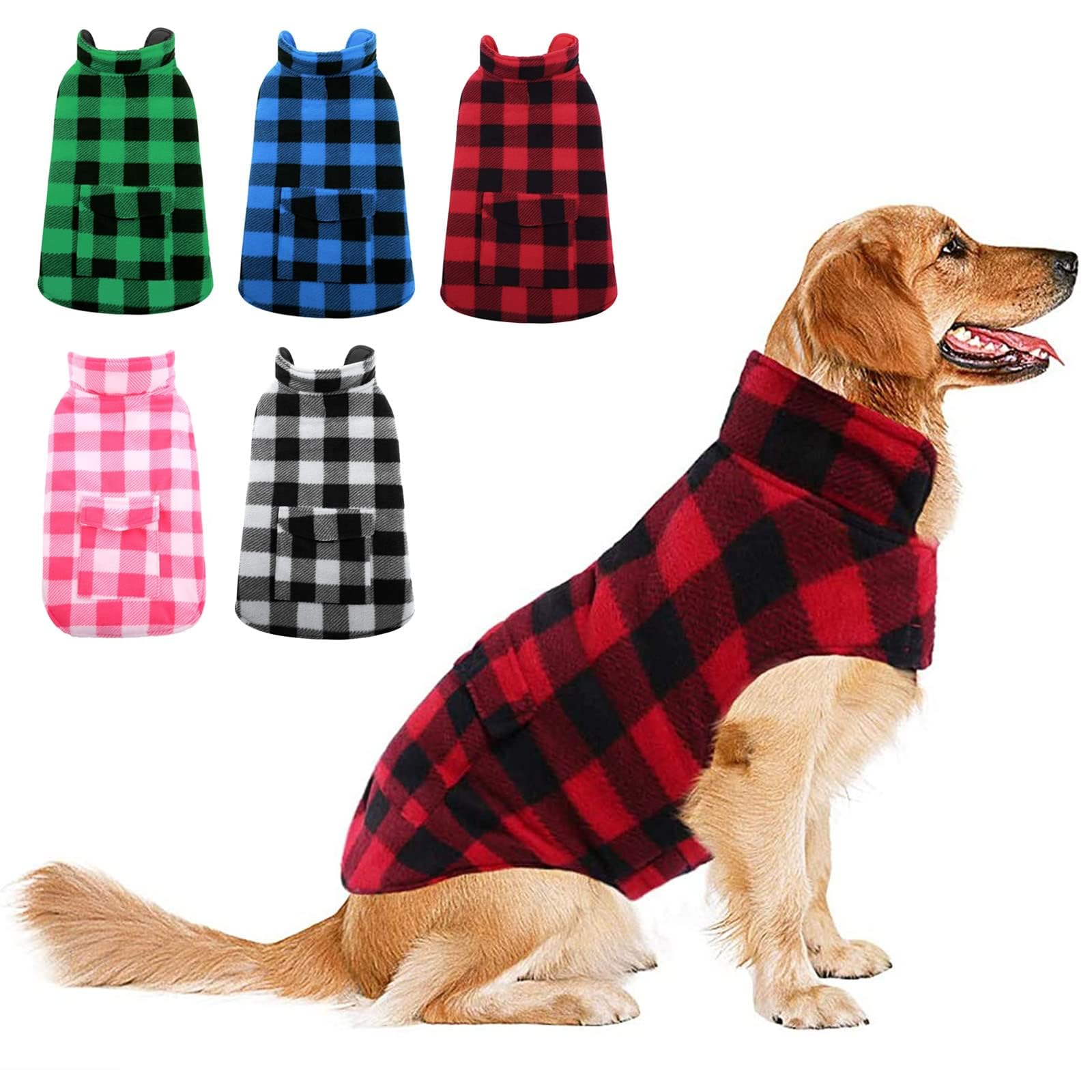 ASENKU Dog Winter Coat, Fleece Doggie Jacket Plaid Reversible Vest Waterproof Windproof Cold Weather Clothes for Small Medium Large Dogs(Red, M)