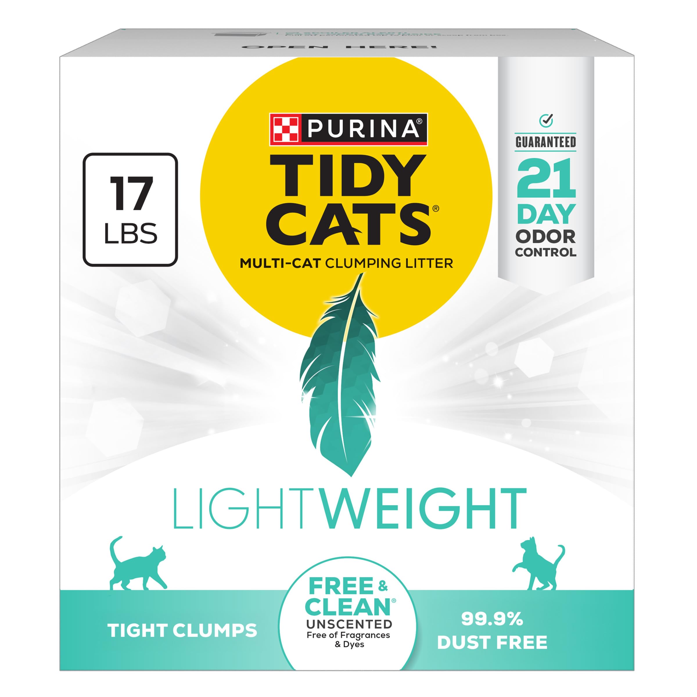 Purina Tidy Cats LightWeight Free and Clean Unscented, Multi-Cat, Clumping, 99.9 Percent Dust Free Cat Litter - 17 lb. Box