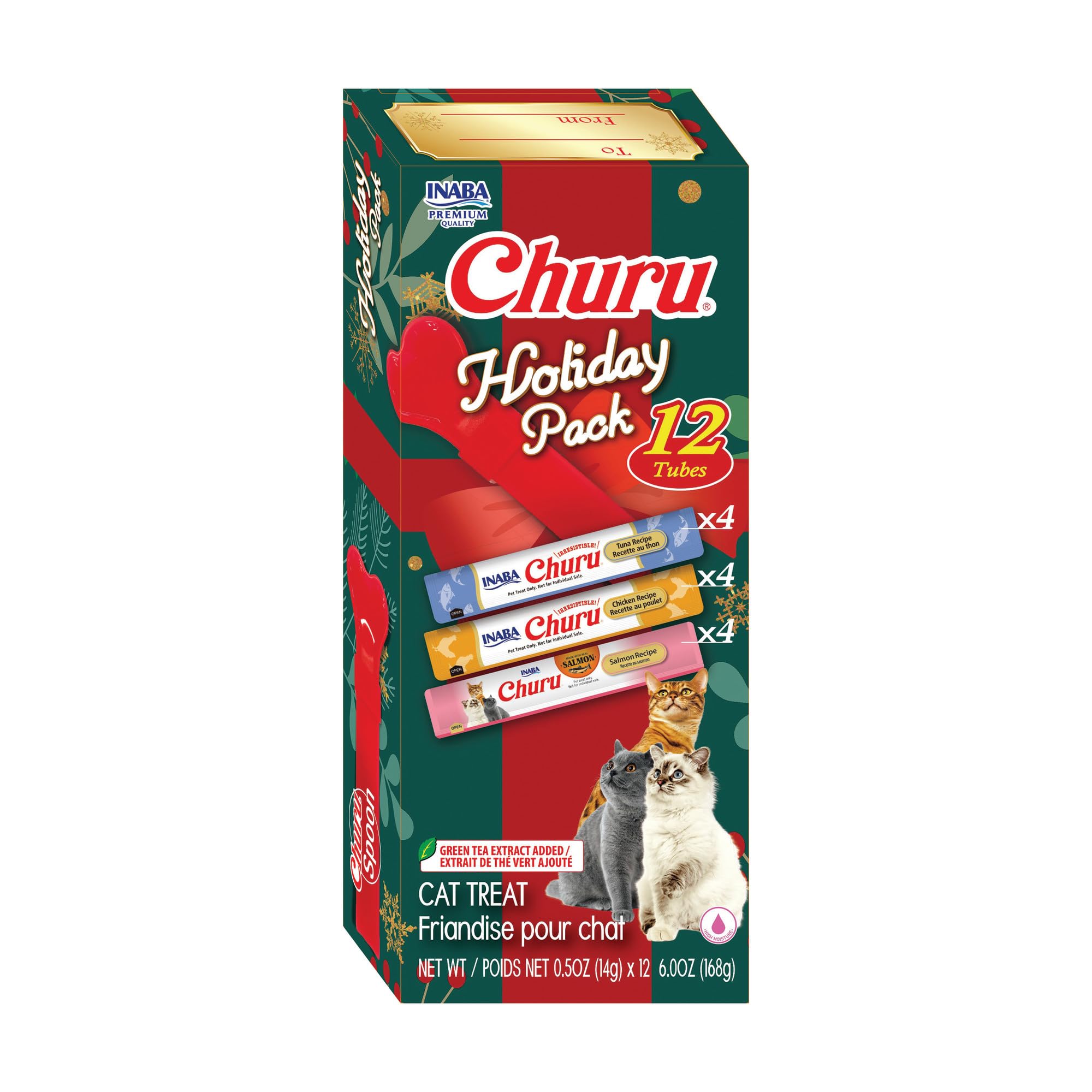 INABA Churu Cat Treats, Lickable, Squeezable Creamy Purée Cat Treat with Taurine & Green Tea Extract, 0.5oz Each Tube, 12 Tubes, Churu Spoon Holiday Variety Pack