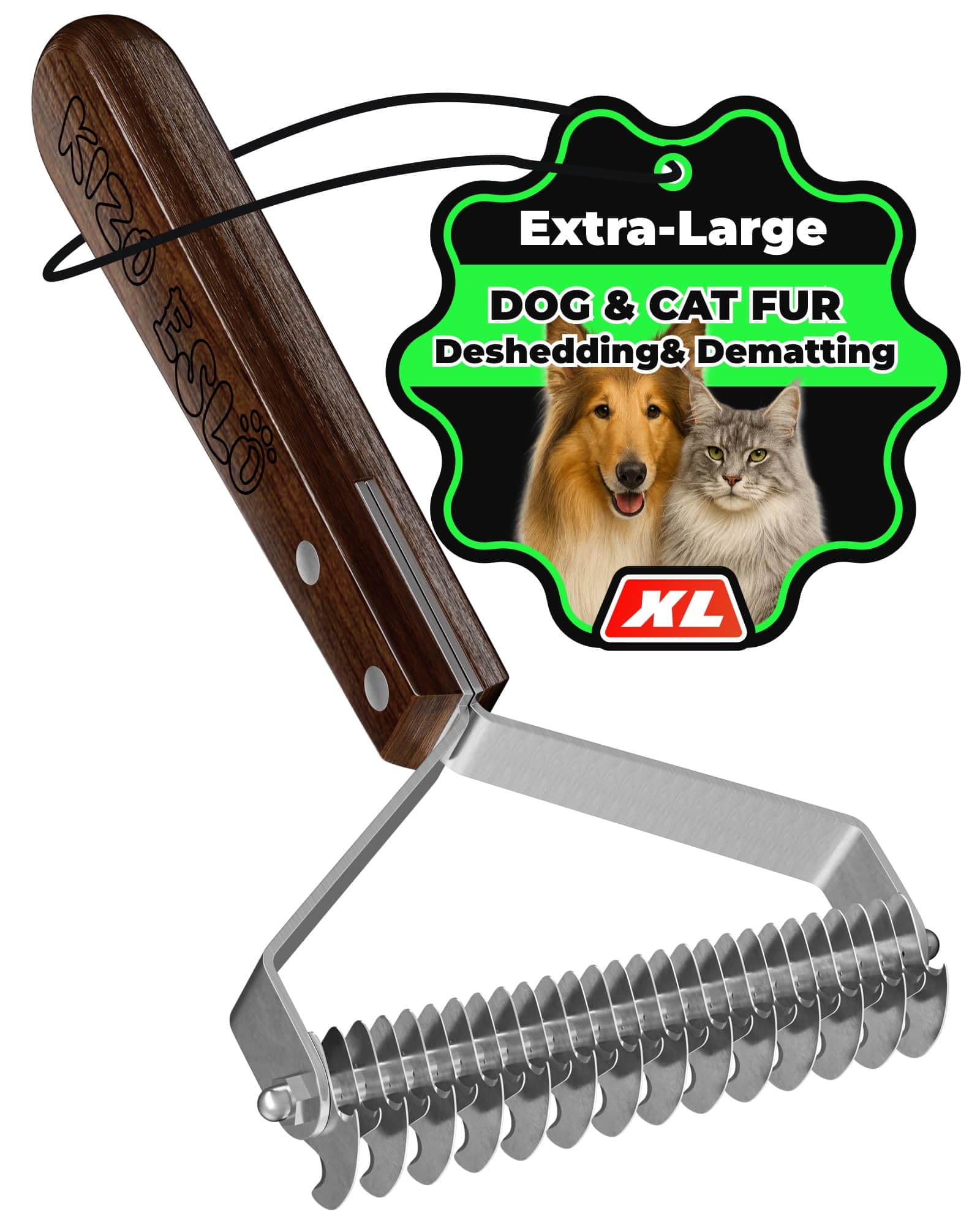 Extra Large 2-Sided Undercoat Rake for Dogs & Cats, Dog Brush for Shedding Remove Mats, Dematting Comb, Safe & Gentle Grooming Brush for German Shepherds Medium to Long-Haired Pets (Walnut Handle)