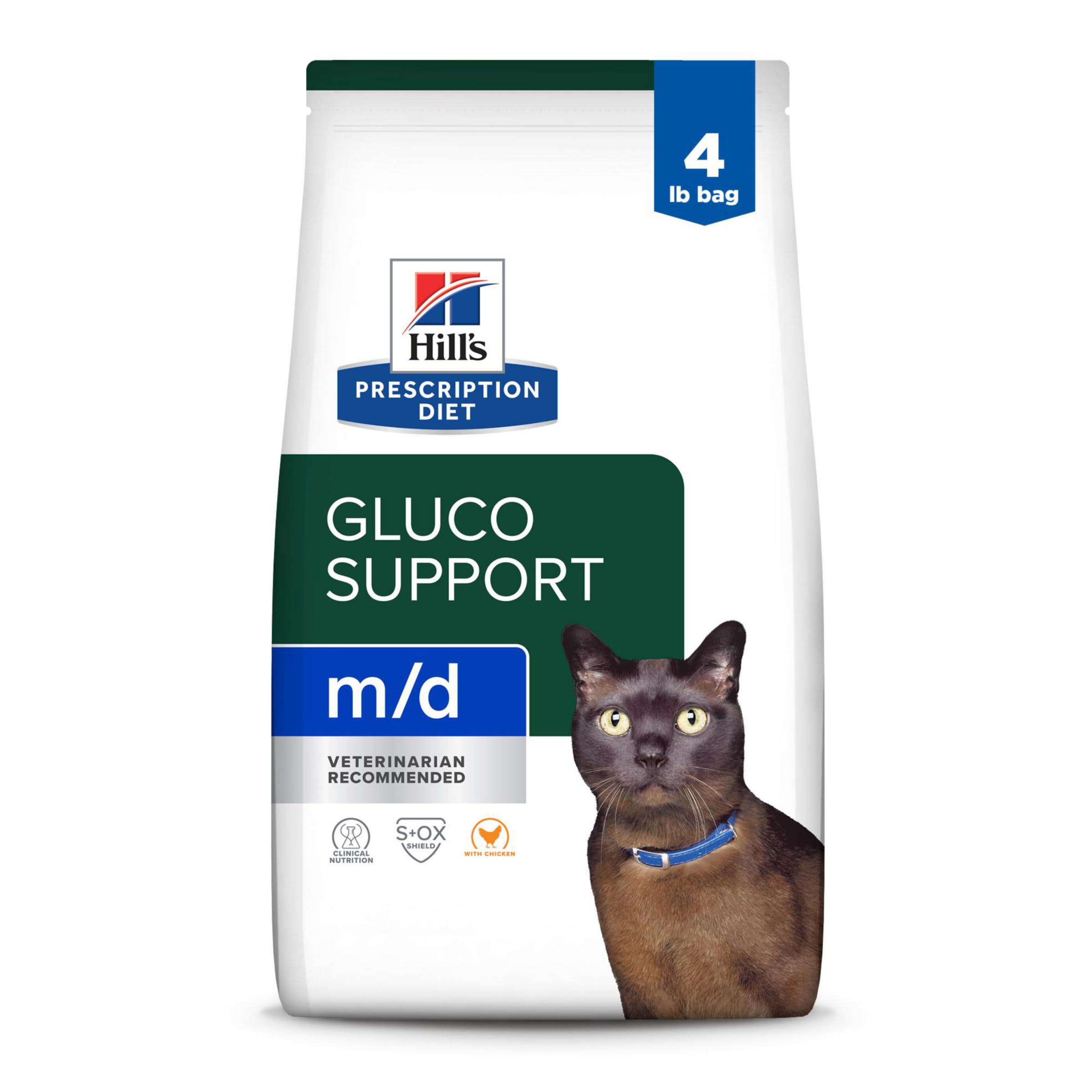 Hill's Prescription Diet m/d GlucoSupport Chicken Flavor Dry Cat Food, Veterinary Diet, 4 lb. Bag