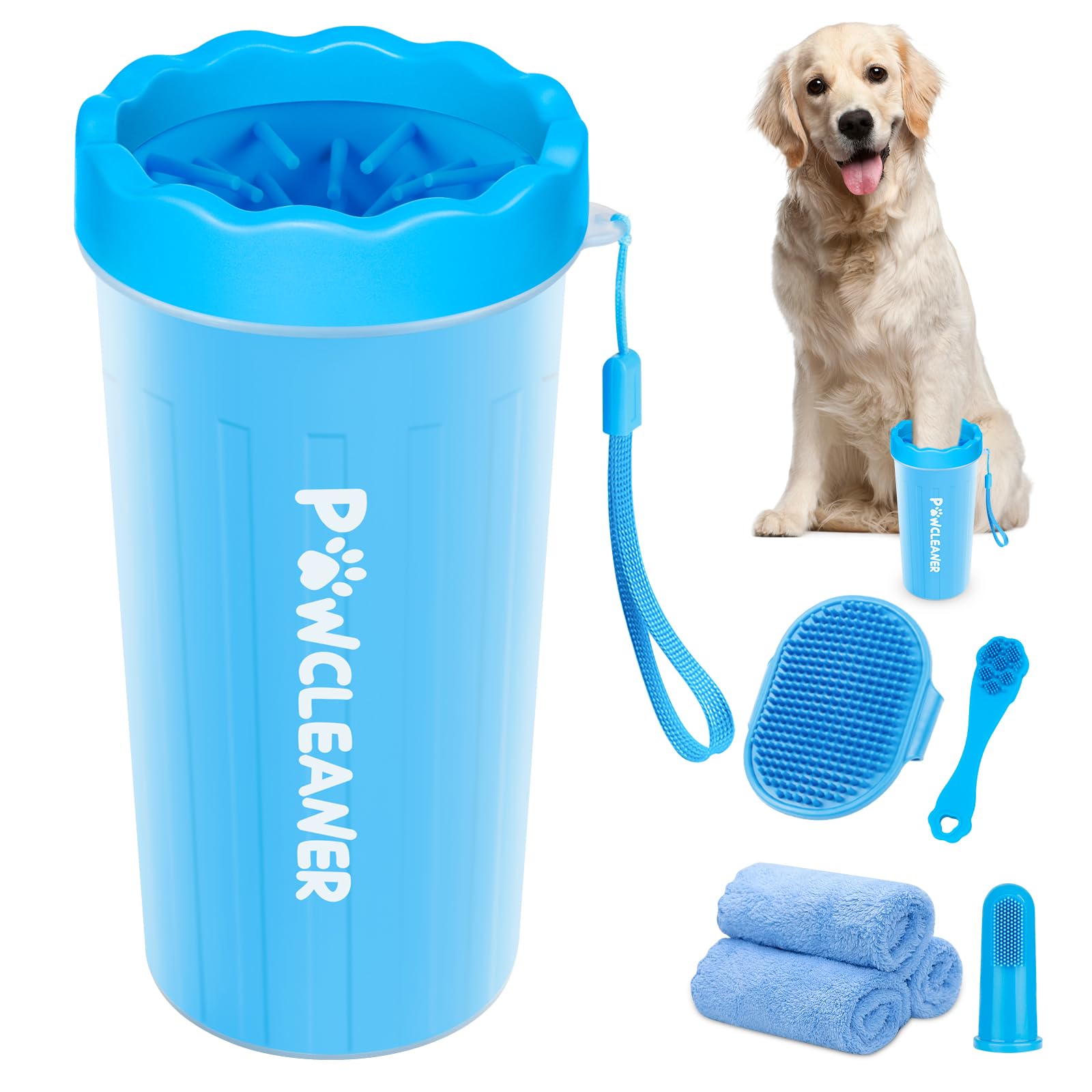 Professional 7 in 1 Dog Paw Cleaner for Dogs & Cats - Includes 1 Portable Paw Washer, 1 Bath Brush, 2 Dog Toothbrushes and 3 Absorbent Towels Note: Fits Paws 2.5 to 3.5 Inches Wide (Large, Blue)