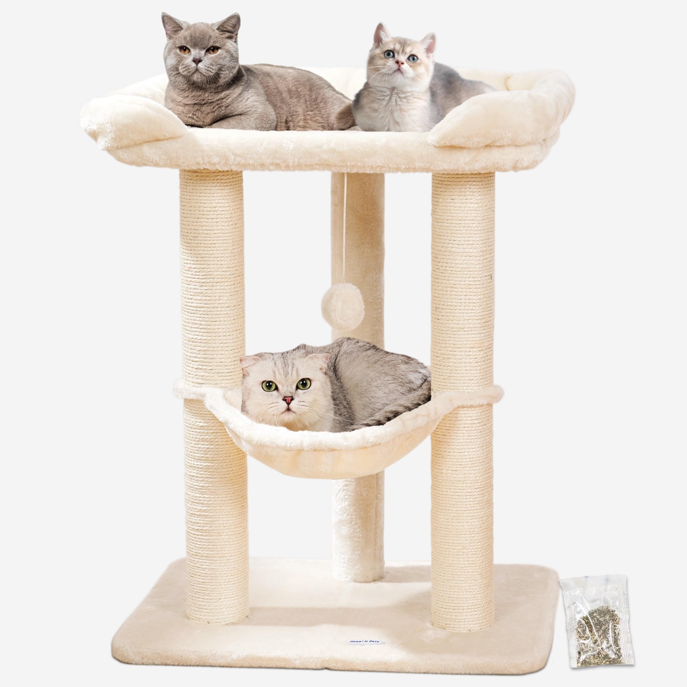 Happi N Pets 28" Large Cat Tree Tower for Indoor Cats, Cat Scratch Post with Large Bed for Maine Coon Big Cats, Sisal Cat Scratcher with Soft Perch & Hammock, Stable Cat Stand, Removable Cover-Beige