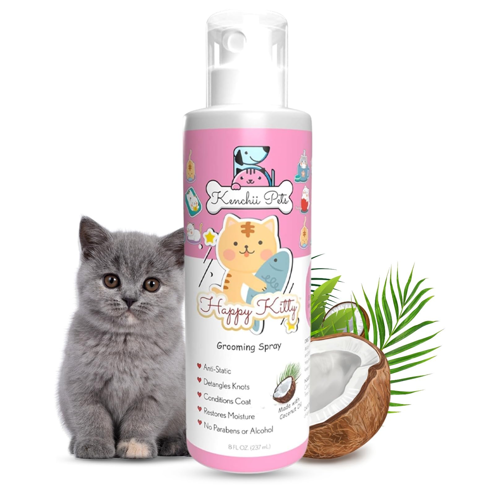Professional Pet Grooming Spray for Kittens and Cats | All-Natural Scented Moisturizing Cat Detangler Spray | Kitten Conditioner Coat Shine Spray | Cat Grooming Supplies