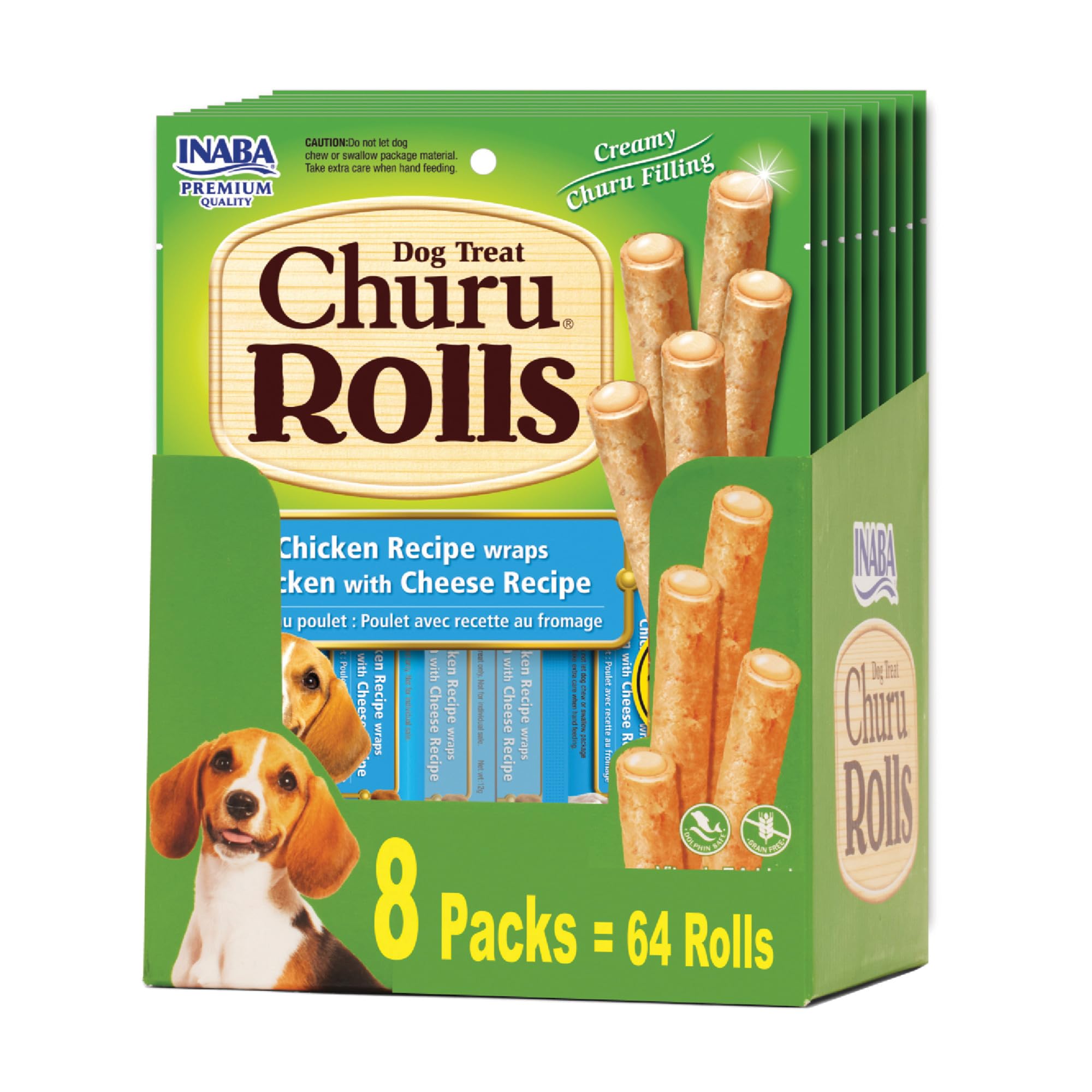 71hdQfruoCL INABA Churu Rolls for Dogs, Soft & Chewy Baked Chicken Wrapped Filled Dog Treats, 0.42 Ounces Each Tube, 64 Tubes Total, Chicken with Cheese Recipe - Image 1