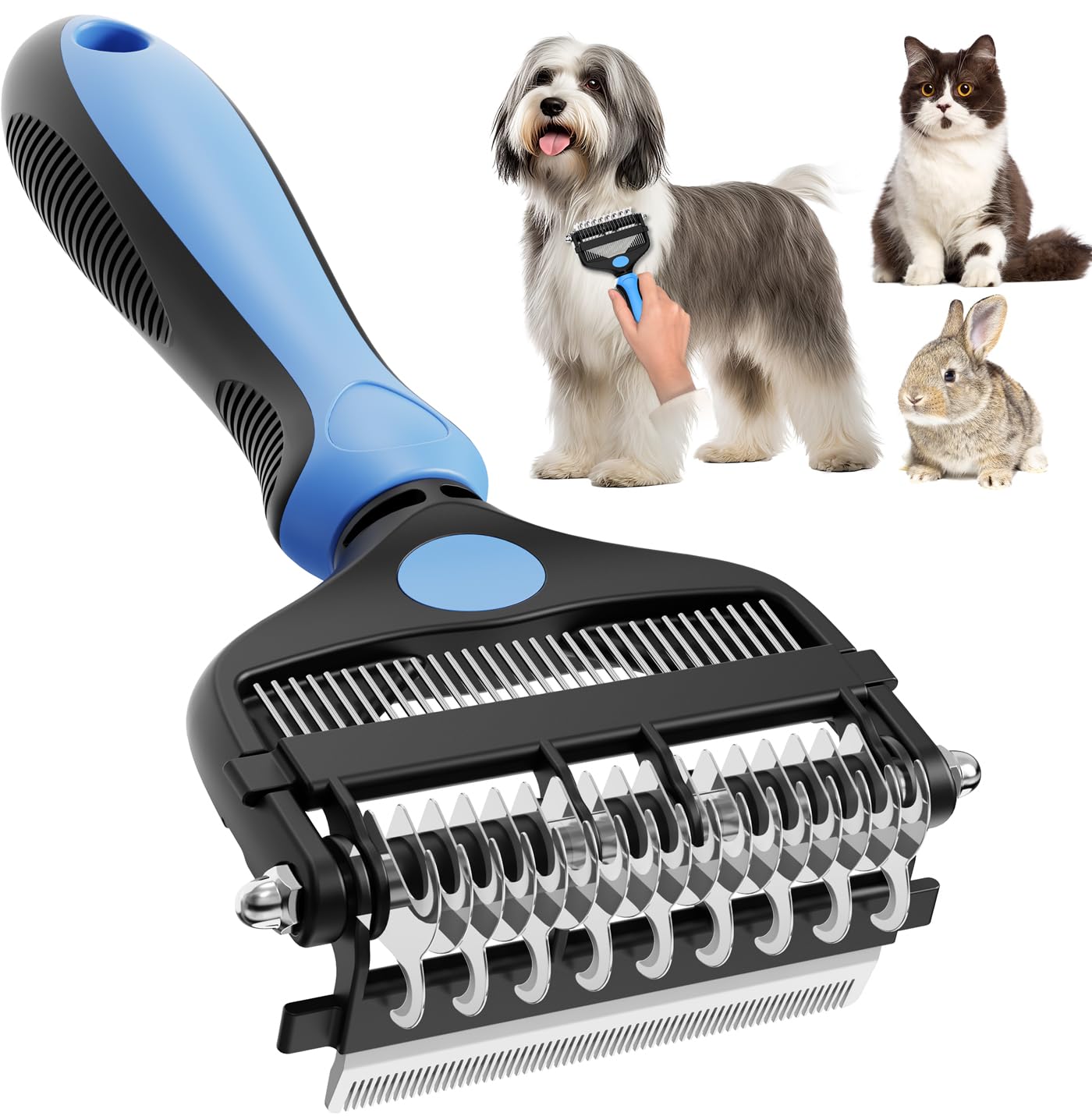 AXEFUN Dog Brush for Shedding, 3-in-1 Pet Deshedding Tool – Grooming Brush for Dogs & Cats with Undercoat Rake & Dematting Comb (Blue)