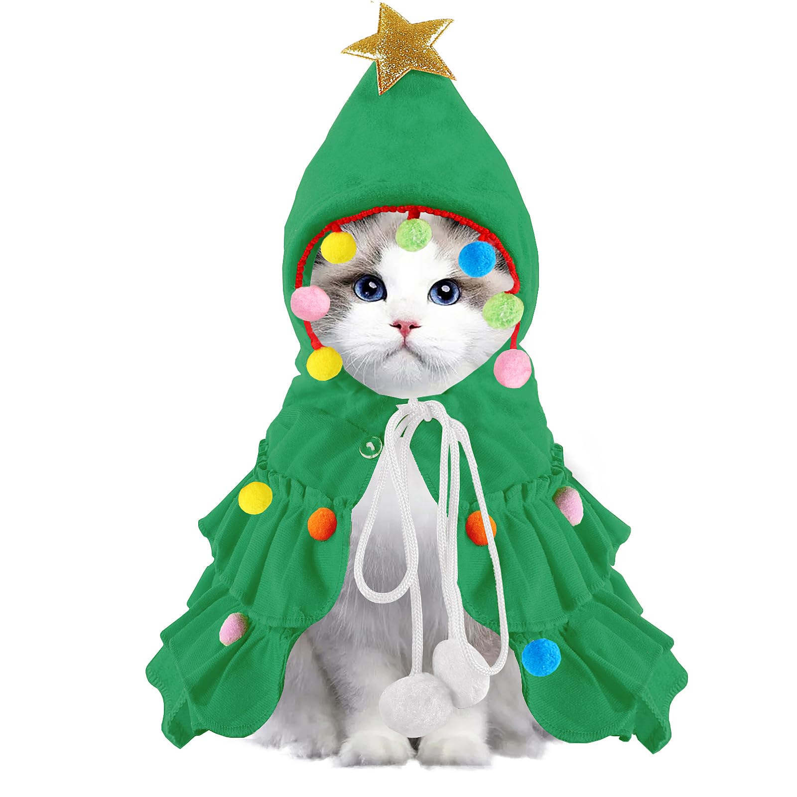 71mIzij-CoL Vellibring Cat Christmas Outfit Green Pet Cloak with Hat with Star and Pompoms Puppy Cape Clothes Xmas Tree Elf Costumes Party Pet Supplies Accessories for Small Dogs Cats Pet Santa Presents - Image 1