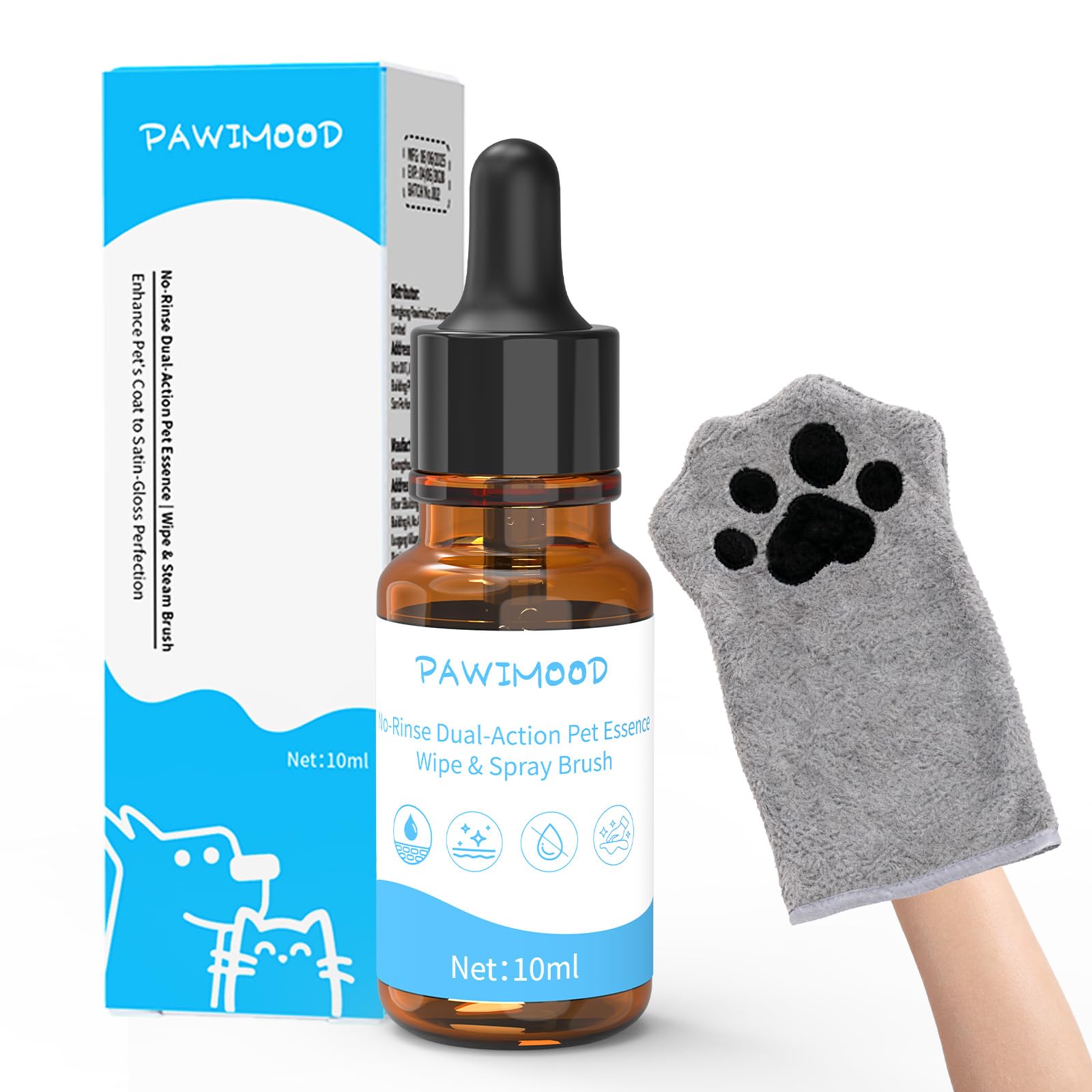 Pawimood Concentrated Waterless Shampoo with Grey Grooming Glove, No-Rinse & Lick-Safe Essence for Steam Brushes, Gentle Care for Cats/Kittens/Seniors, Manage Shedding & Freshness