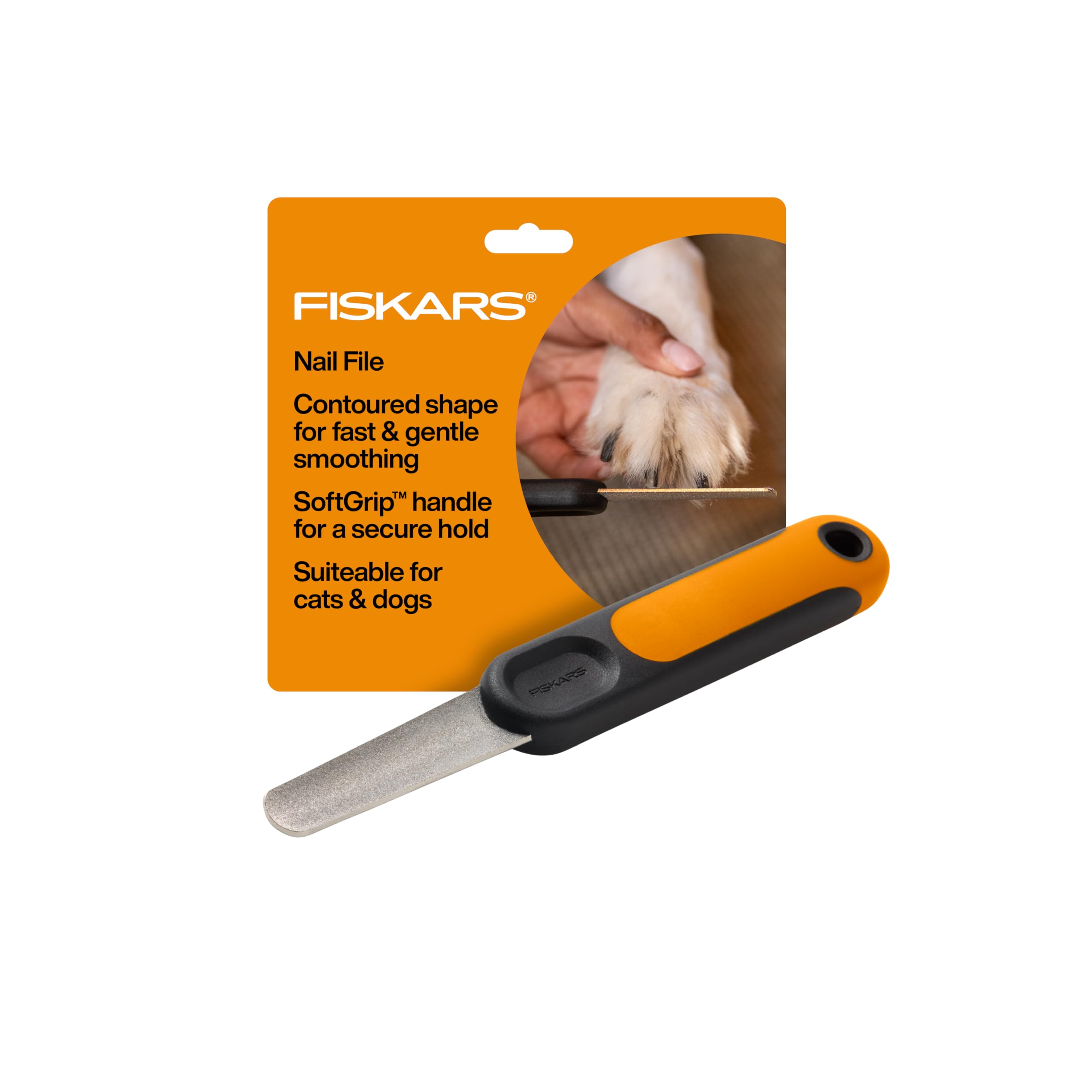 Fiskars Pet Nail File, Cat and Dog Nail File, Contoured Shape & SoftGrip Handle for Smooth Finishing, 7.25”, Orange/Black