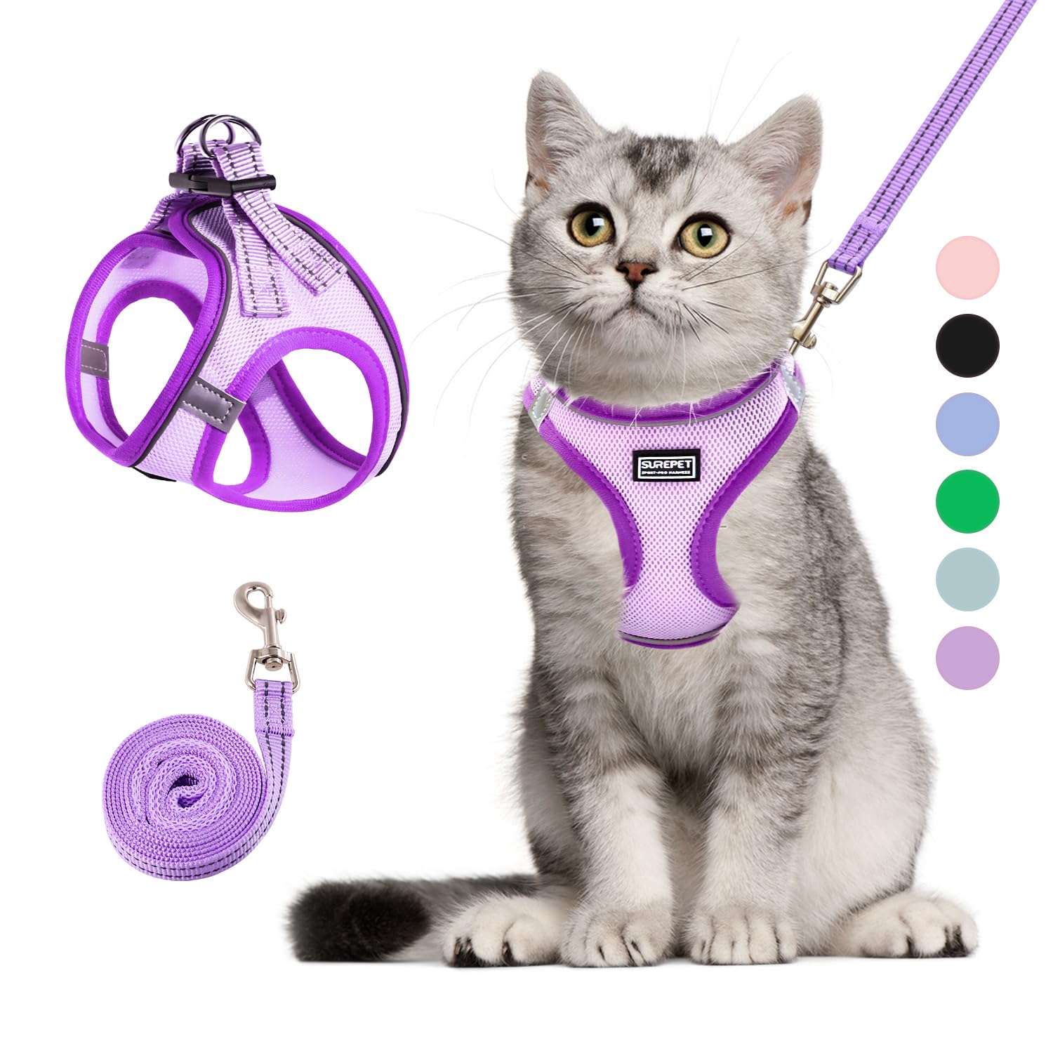 Betmaypet Cat Harness and Leash Set, Soft and Breathable Vest with Reflective Strip, Escape Proof Kitten Harness, Easy to Wear for Cats Walking and Traveling (Purple, M)