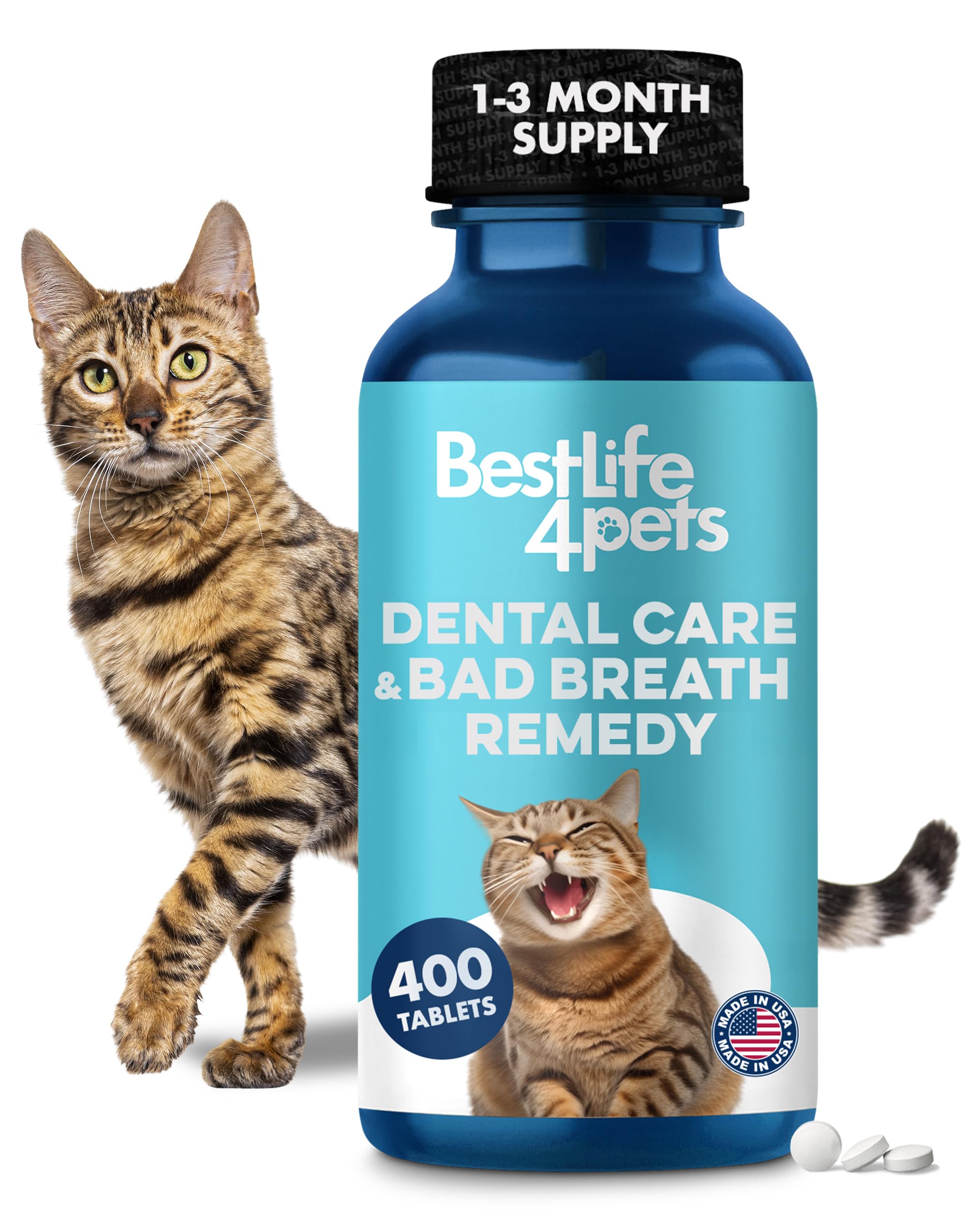 Cat Dental Care Supplement for Bad Breath, Tartar & Gum Support - Natural Cat Teeth Cleaning Oral Tablets Provide Eating & Gum Comfort, Teeth Wellness and Plaque Control, Tiny Dissolvable 400 Pills