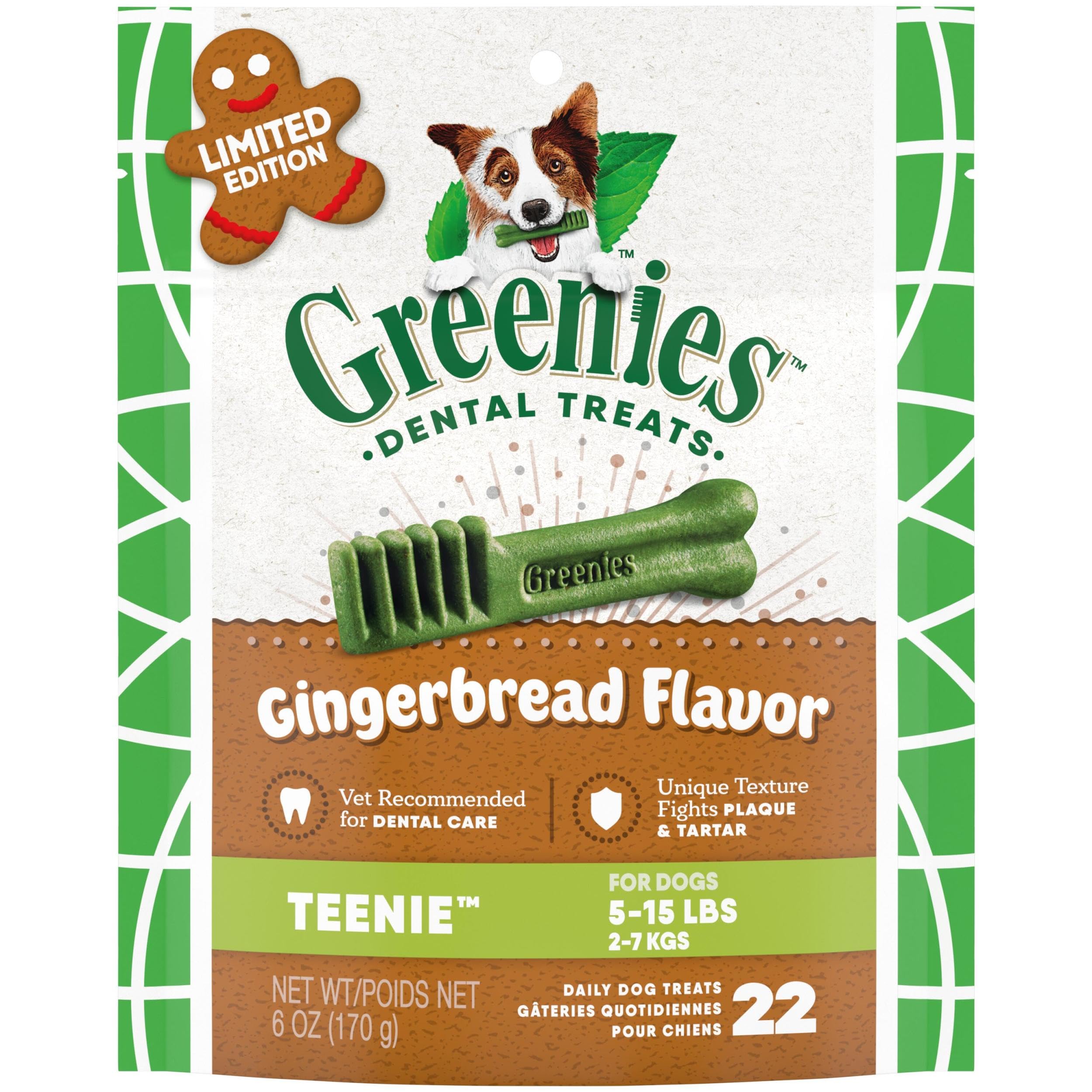 Greenies Gingerbread Flavor Teenie Size, Veterinarian-Recommended for Dental Care, Dog Treat Chews, Great Holiday Dog Stocking Stuffers, Limited Edition, 6 oz. Pouch (22 Treats)