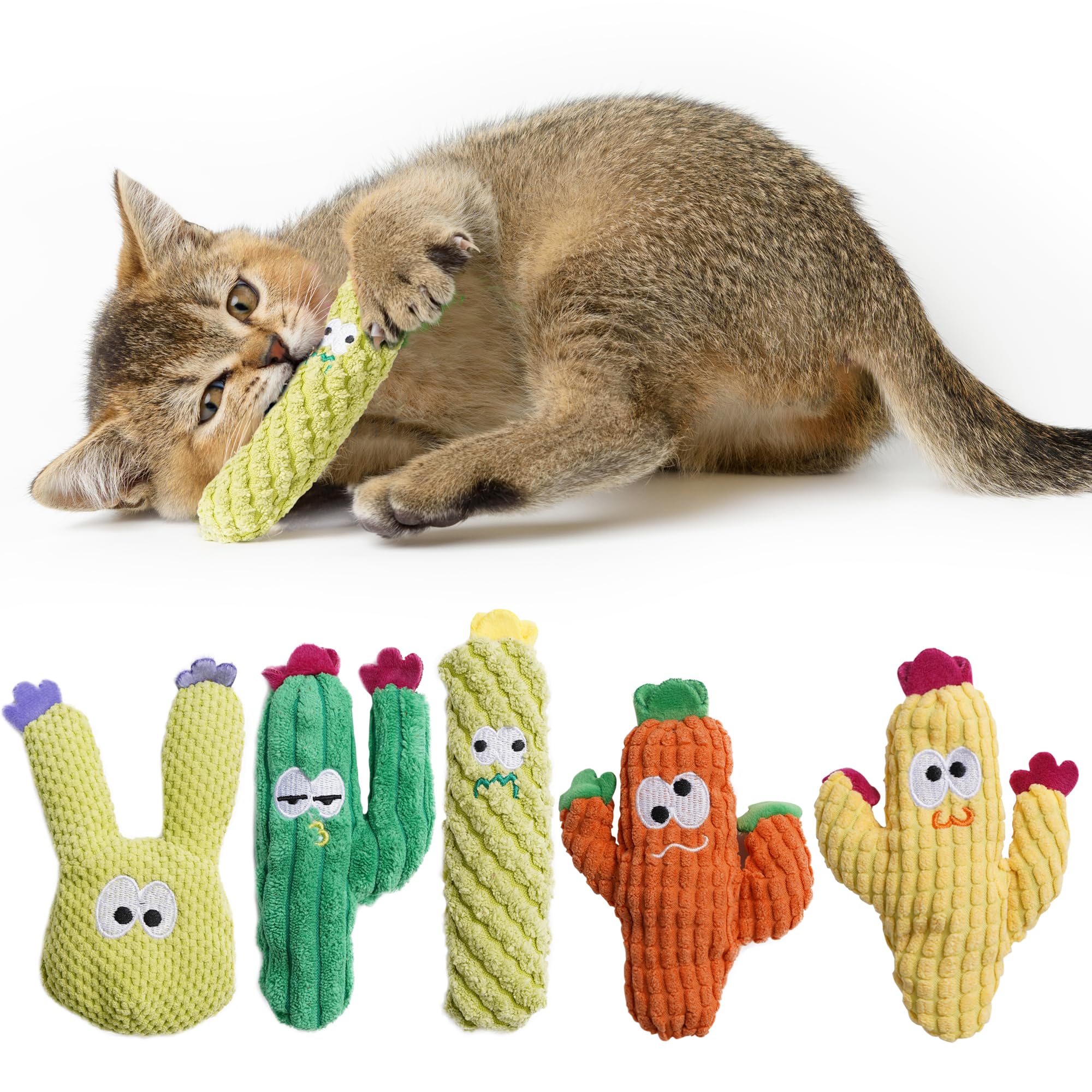 Pawsible Cat Toys for Indoor Cats, 100% Pure Organic Catnip-Filled Toys Without Cotton, Interactive Cactus Kitten Toy for Anxiety Relief, Soft Cute Teething &Chew Toys, 5 Pack