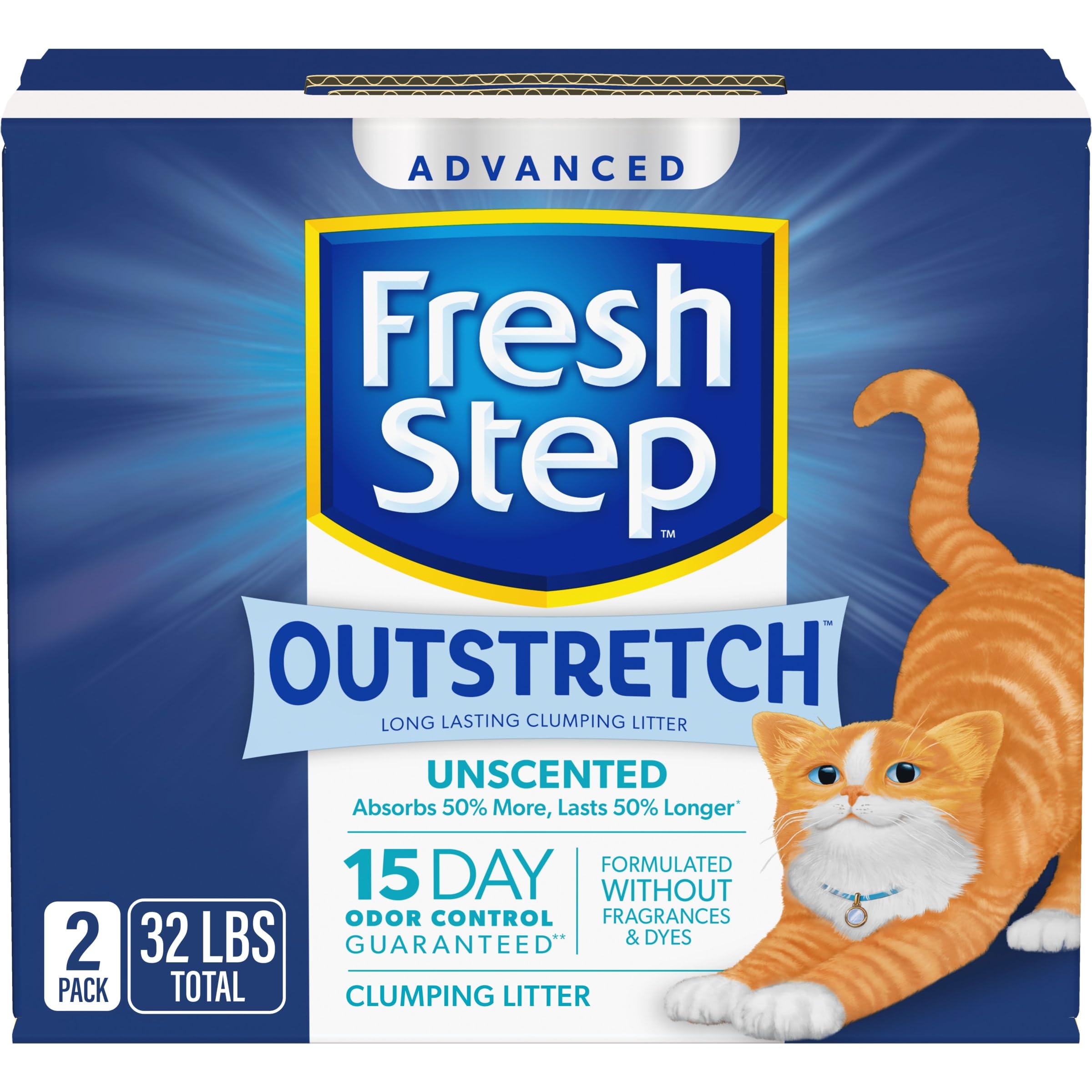 Fresh Step Outstretch Advanced Long Lasting Clumping Litter Simply Unscented, Activated Charcoal Litter Lasts 50% Longer, 32 lbs. (2 x 16 lb. Box)