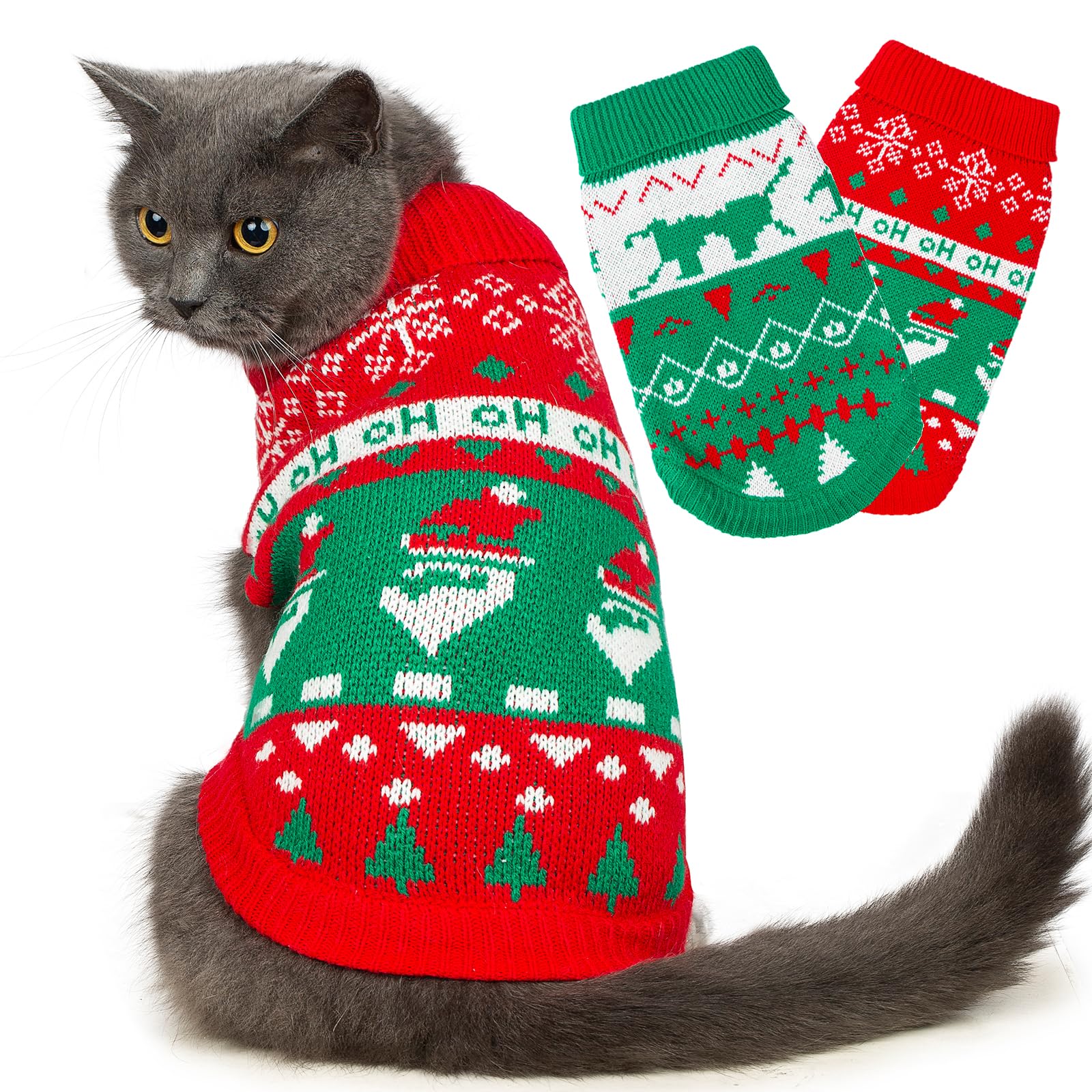Stretchy Cat Christmas Sweater - 2 Packs Christmas Sweaters for Cats | Snug Winter-Ready Knit for Boy/Girl Cats & Kittens(Scarlet, Small)
