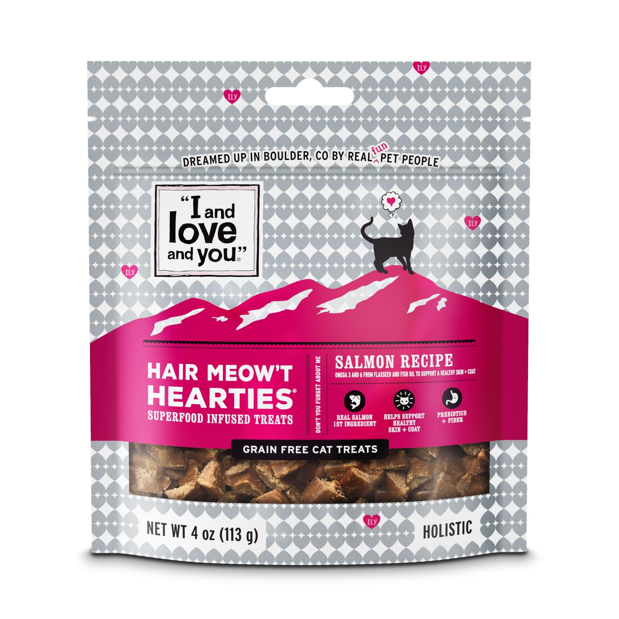 I and love and you Hair Meow't Hearties Cat Treats - Salmon - Grain Free, Omega 3 & 6, Prebiotics, Filler Free, 4oz Bag