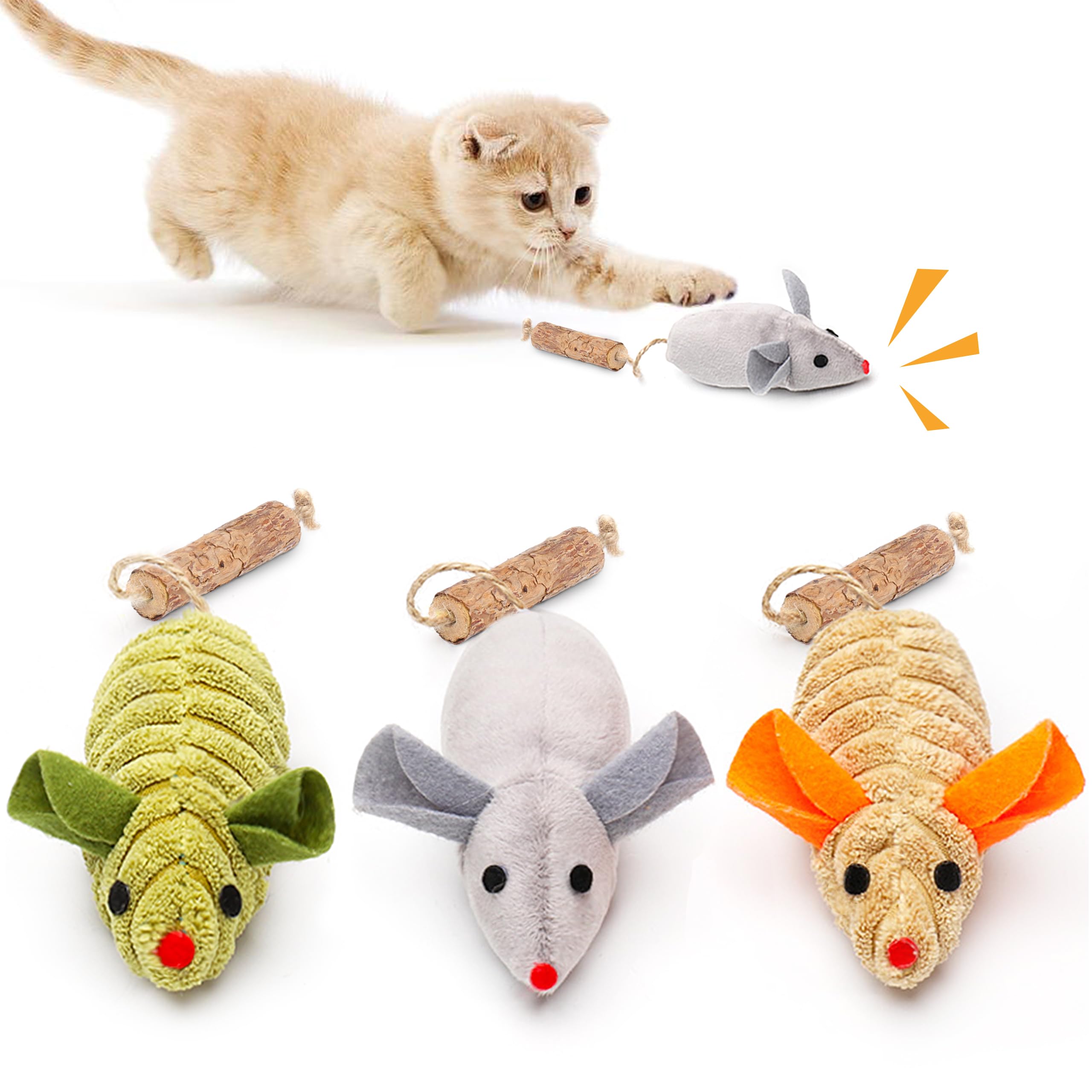 Potaroma Cat Toys: 3pcs Squeak Mice Interactive Catnip Silvervine Animals for Indoor Kittens - Dental Matatabi Cat Nip & Chew Exercise Toy for All Breeds & Species