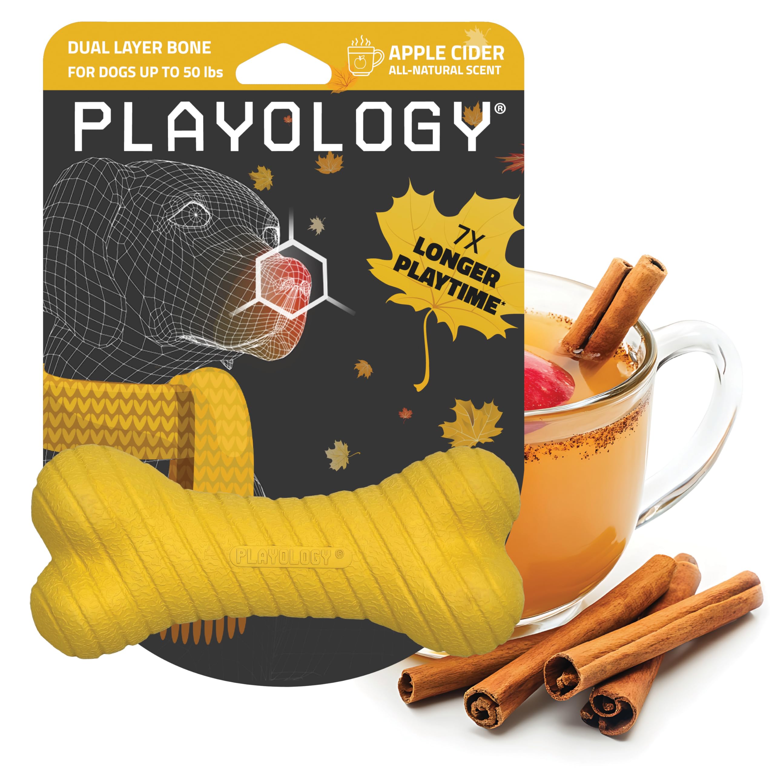Playology Dog Toys | Dual Layer Bone Durable Chew Toy Bone for Dogs | Medium Apple Cider Scented Toy - Limited Edition Fall Scent | Easy to Clean and Made from Non Toxic Materials