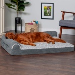 Furhaven Memory Foam Dog Bed for Large Dogs w/ Removable Bolsters & Washable Cover, For Dogs Up to 95 lbs - Two-Tone Plush Faux Fur & Suede L Shaped Chaise - Stone Gray, Jumbo/XL - Image 12