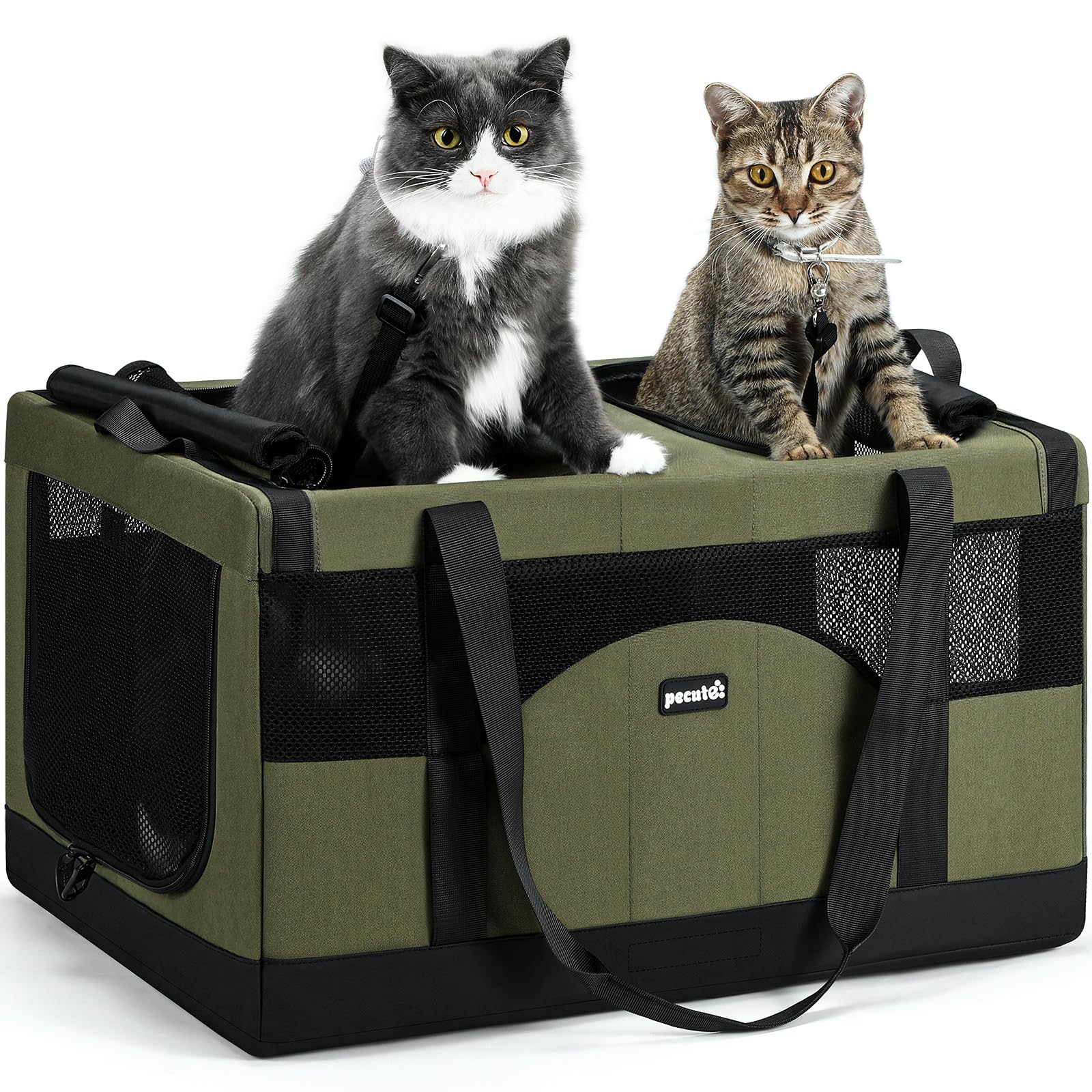 Pecute Cat Carrier for 2 Cats,Dual Cabin Multi Cat Travel Carrier with Removable Divider and Sturdy Frame,Collapsible,Soft,can Hold 20lbs+ for 2 Small Kitten,Medium Dog,Extra Large for Travel,Green