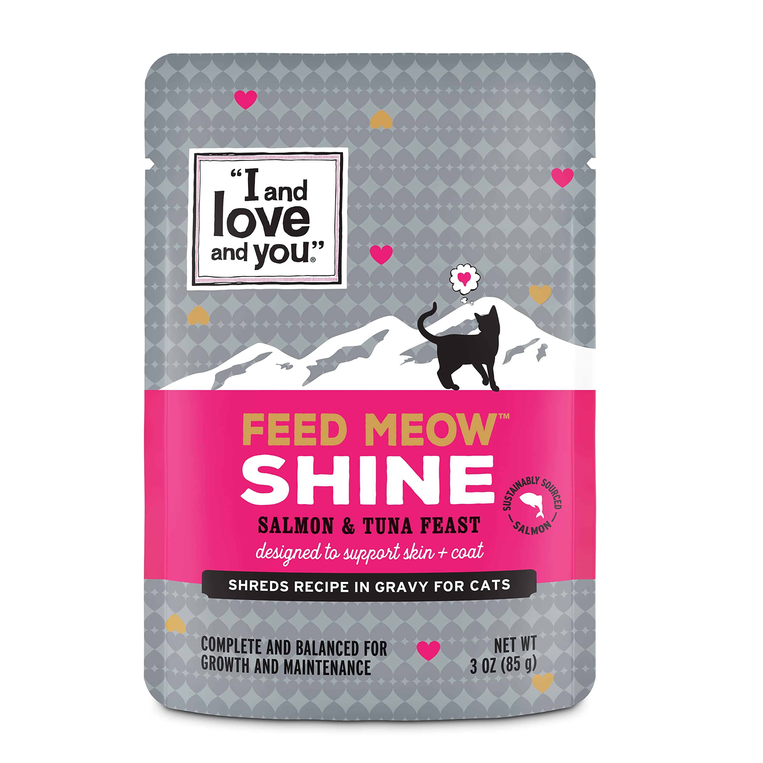 I and Love and You Feed Meow Wet Cat Food Toppers, Shine Formula with Salmon and Tuna, Omegas 3 and 6 for Healthy Skin and Coat, Grain Free, No Fillers, 3 Oz Pouches, 1 Pouch Trial Size